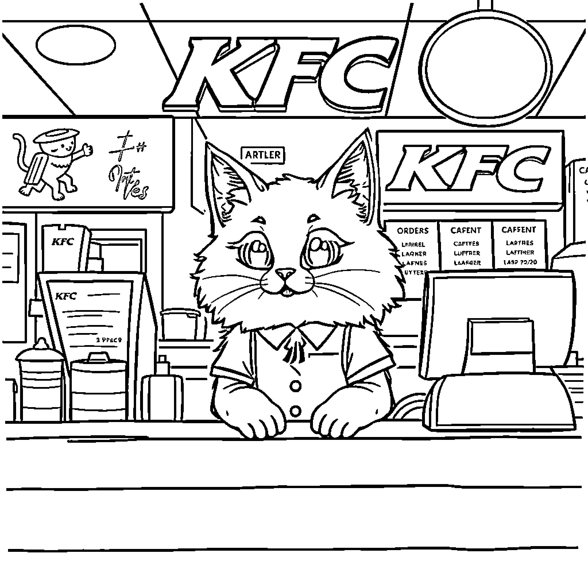 Cat working at a KFC fast food restaurant Coloring Page (free black-and-white line drawing printable PDF for all, from beginners to advanced learners, including children, teens, adults, and seniors)