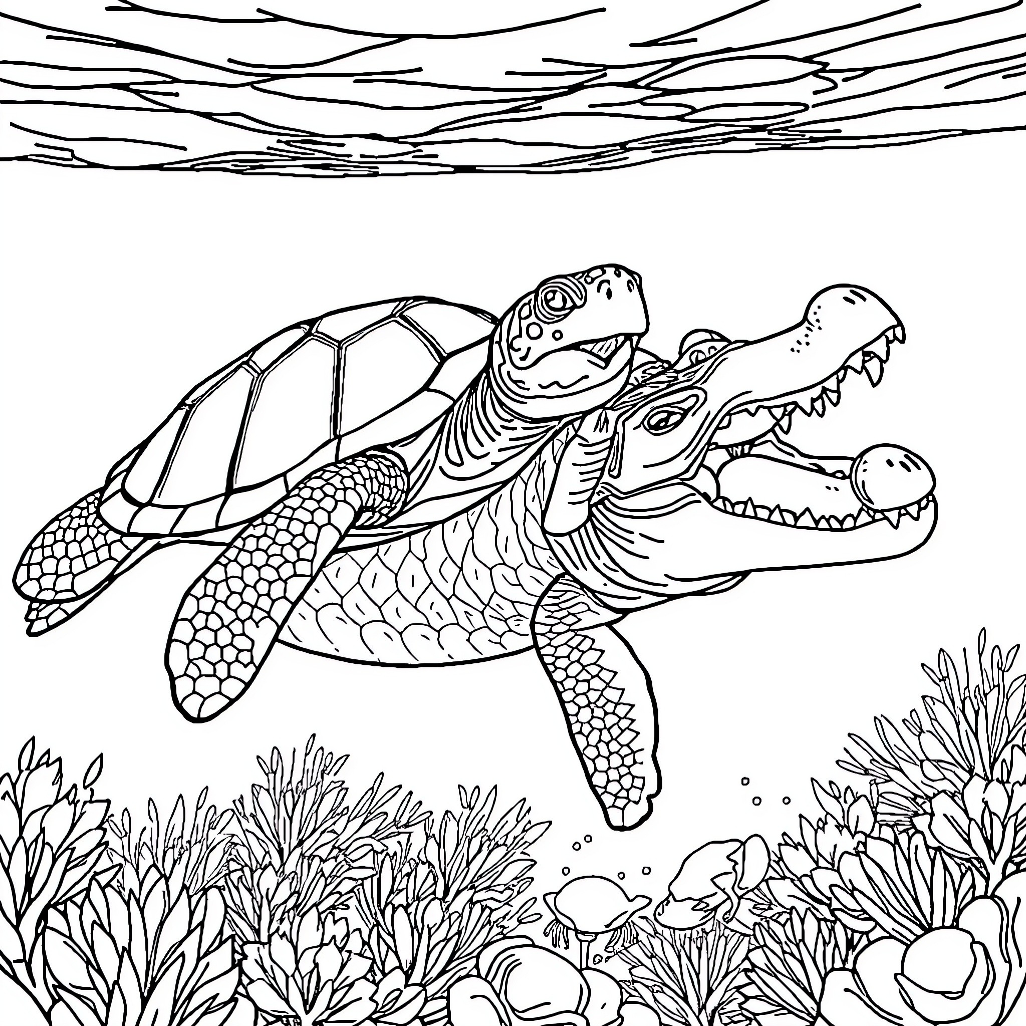 Turtle swimming through the ocean Coloring Page (free black-and-white line drawing printable PDF for all, from beginners to advanced learners, including children, teens, adults, and seniors)