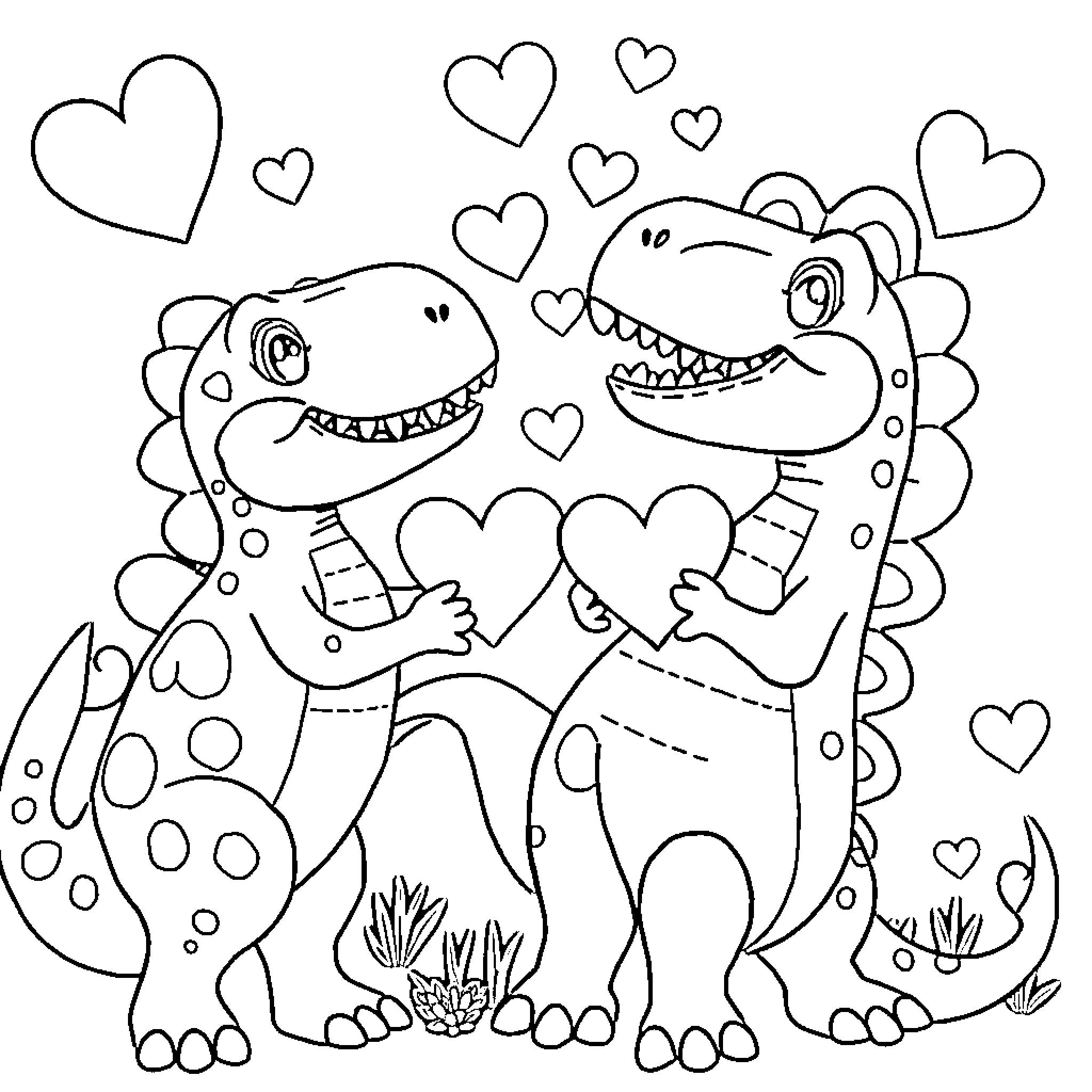 Dinosaurs in Love with Hearts Coloring Page (free black-and-white line drawing printable PDF for all, from beginners to advanced learners, including children, teens, adults, and seniors)