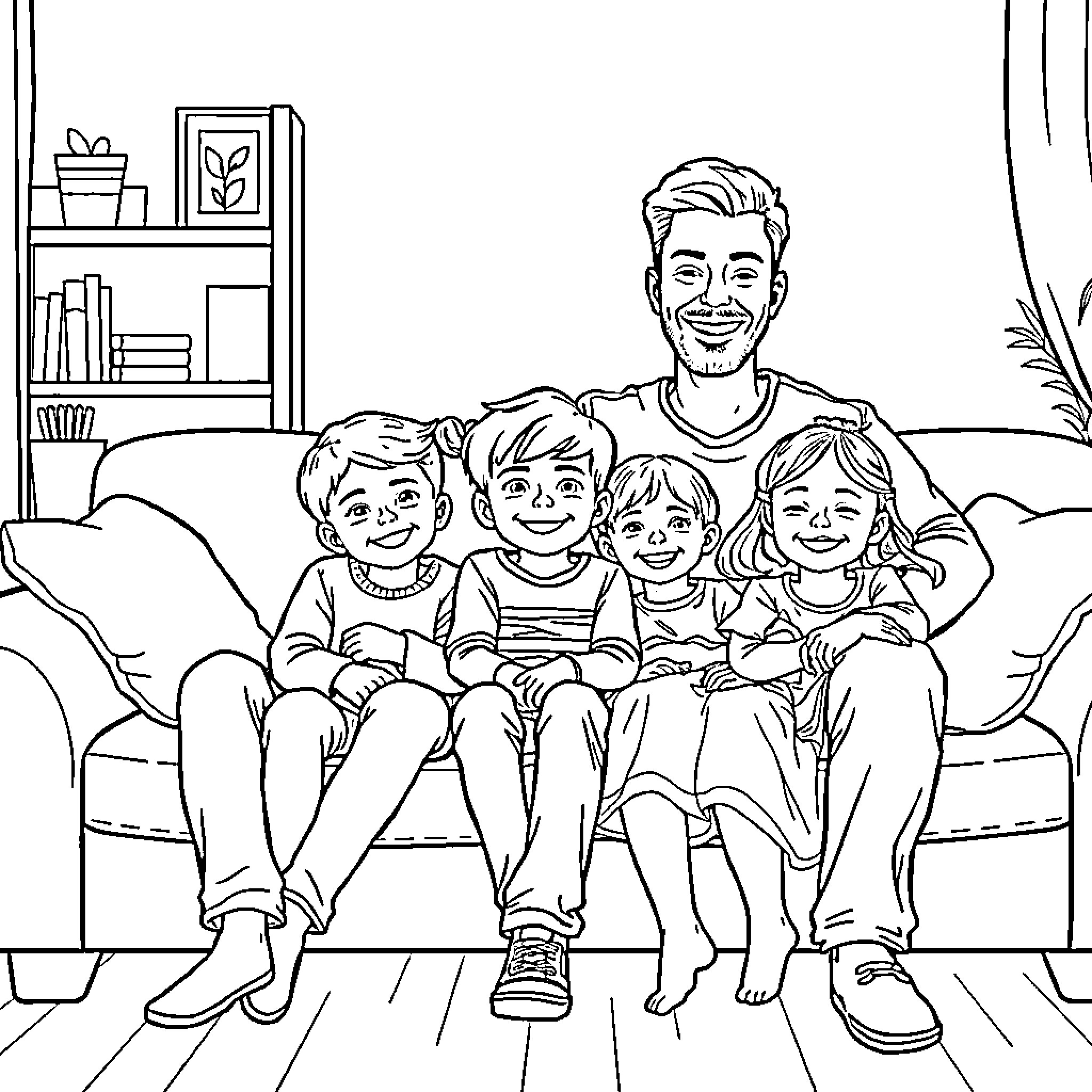 Family Enjoying Quality Time Together Coloring Page (free black-and-white line drawing printable PDF for all, from beginners to advanced learners, including children, teens, adults, and seniors)