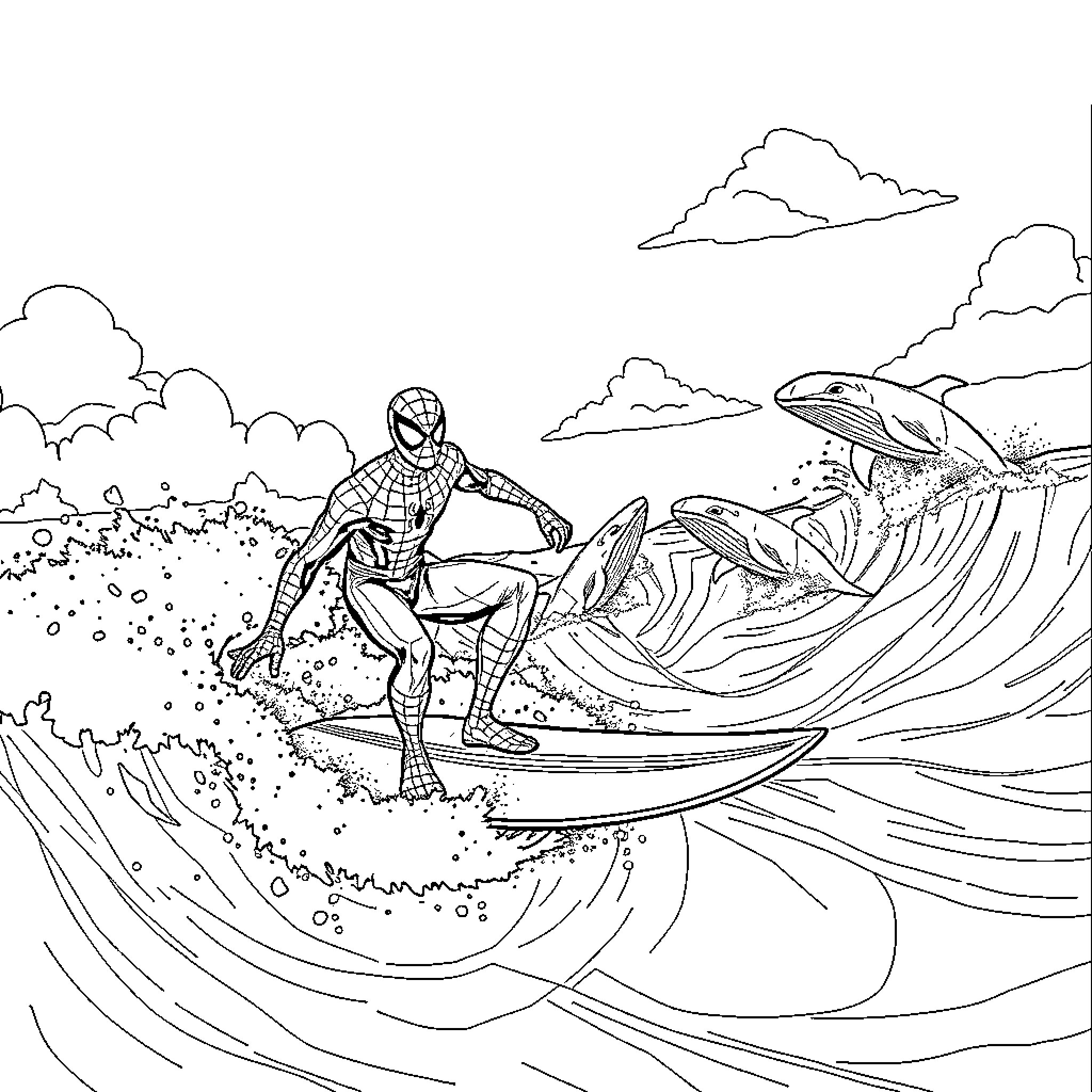 Spider-Man surfing through waves and clouds Coloring Page (free black-and-white line drawing printable PDF for all, from beginners to advanced learners, including children, teens, adults, and seniors)