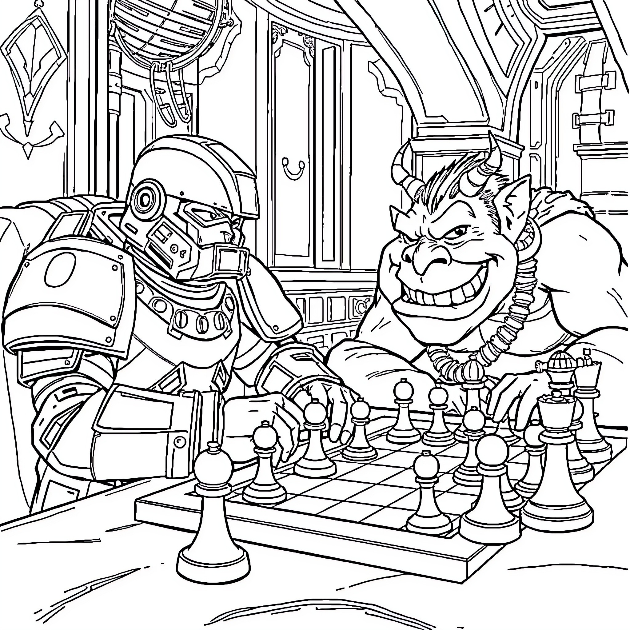 Space Marine Plays Chess with Robot Companion Coloring Page (free black-and-white line drawing printable PDF for all, from beginners to advanced learners, including children, teens, adults, and seniors)