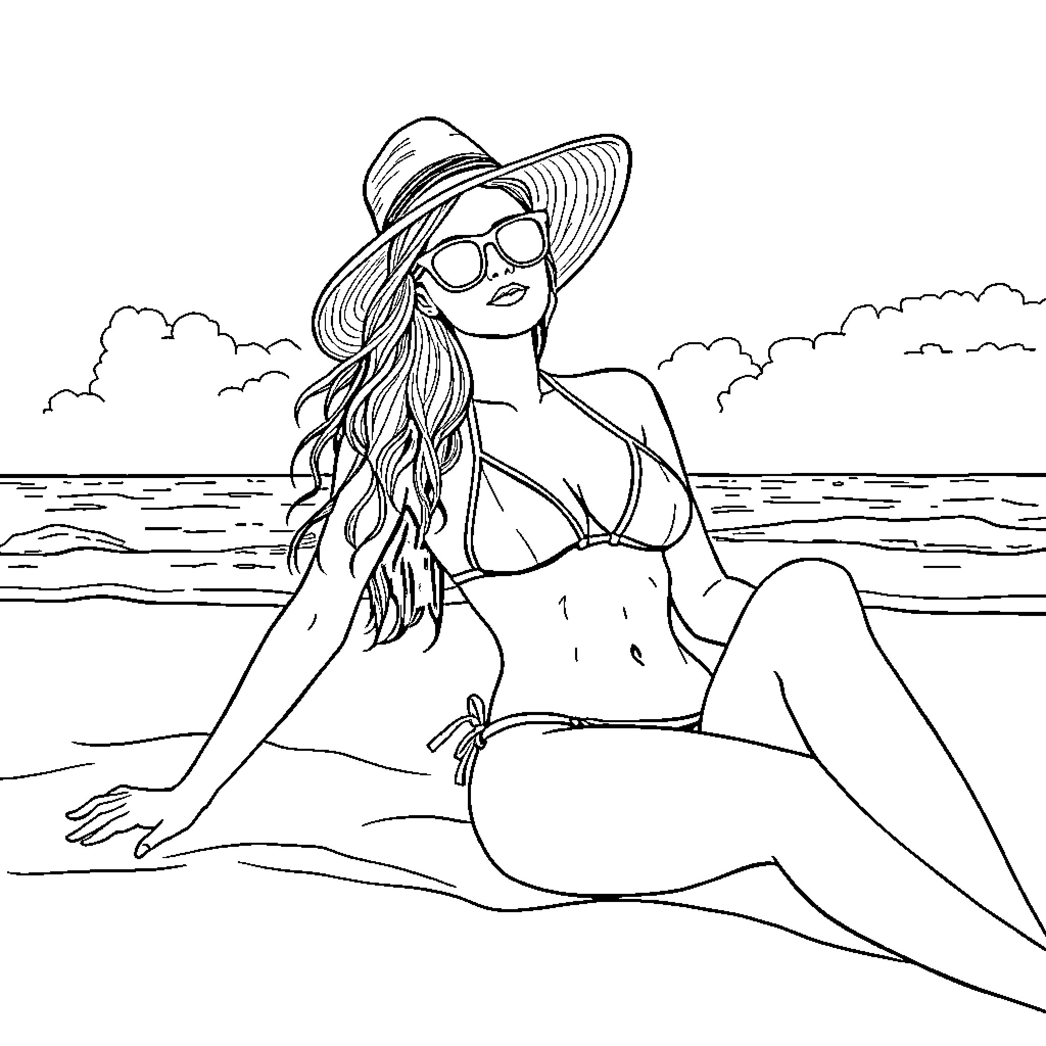 Woman relaxing on the beach in summer attire Coloring Page (free black-and-white line drawing printable PDF for all, from beginners to advanced learners, including children, teens, adults, and seniors)