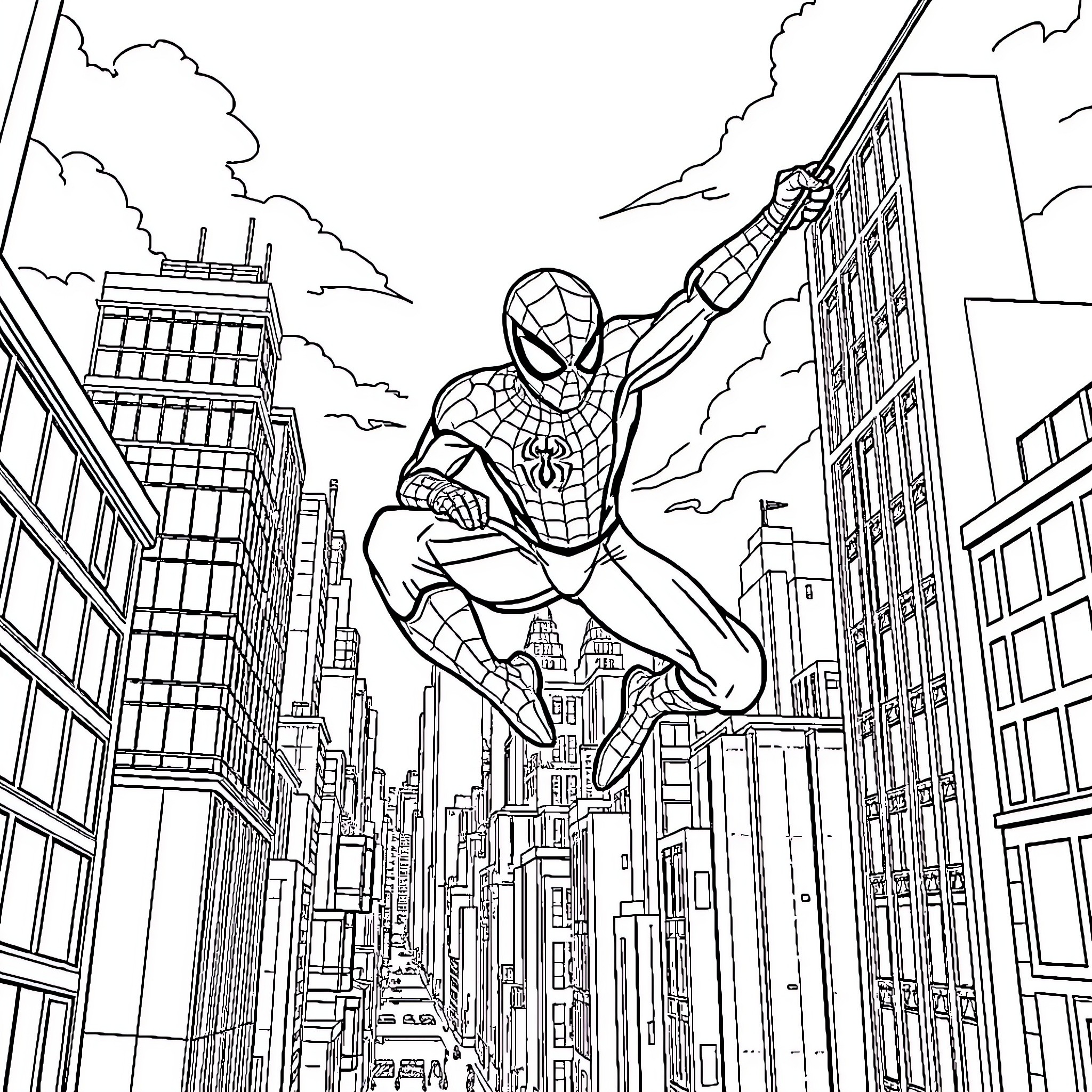 Spider-Man swinging through the city skyline Coloring Page (free black-and-white line drawing printable PDF for all, from beginners to advanced learners, including children, teens, adults, and seniors)