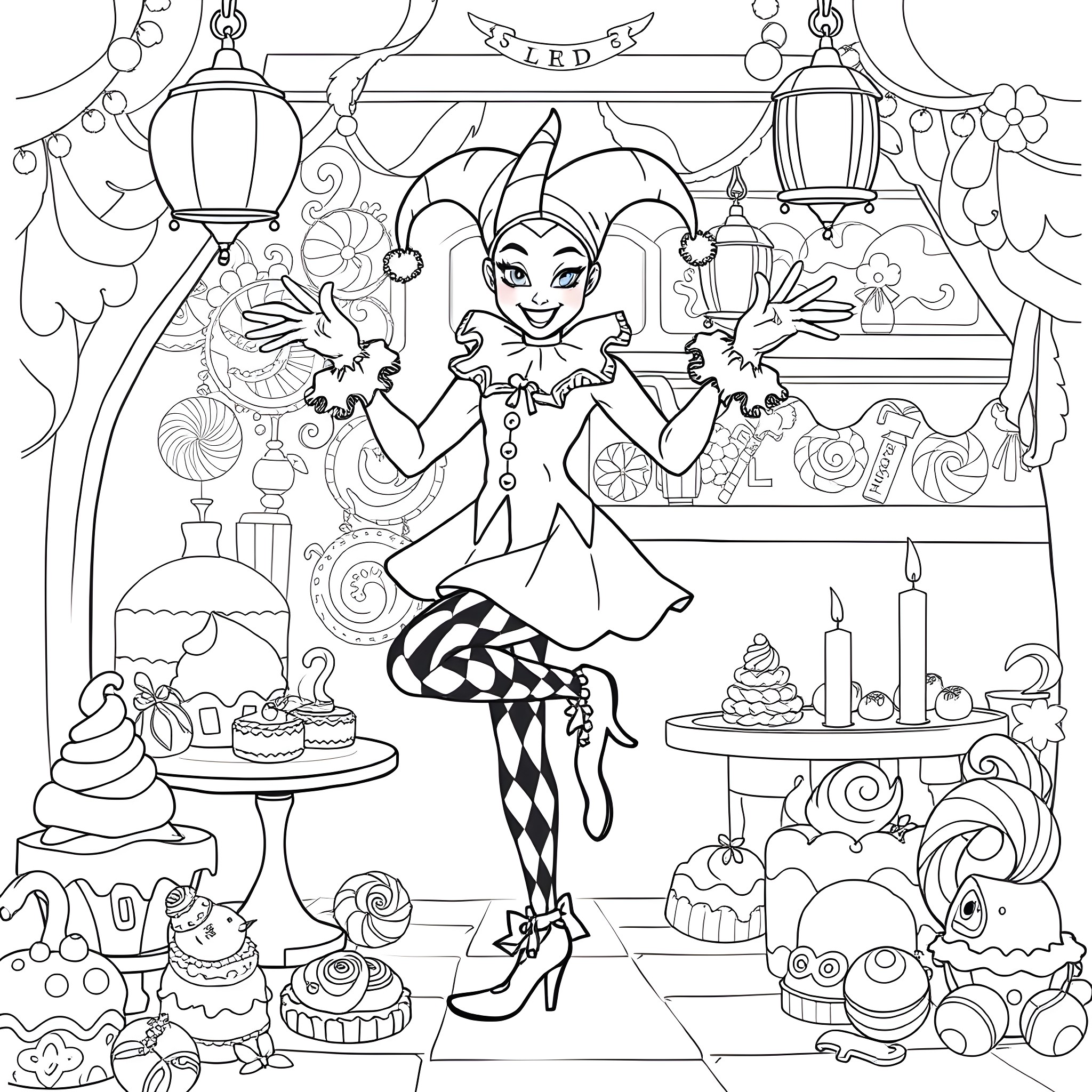 Jester's Whimsical Carnival Performance Coloring Page (free black-and-white line drawing printable PDF for all, from beginners to advanced learners, including children, teens, adults, and seniors)