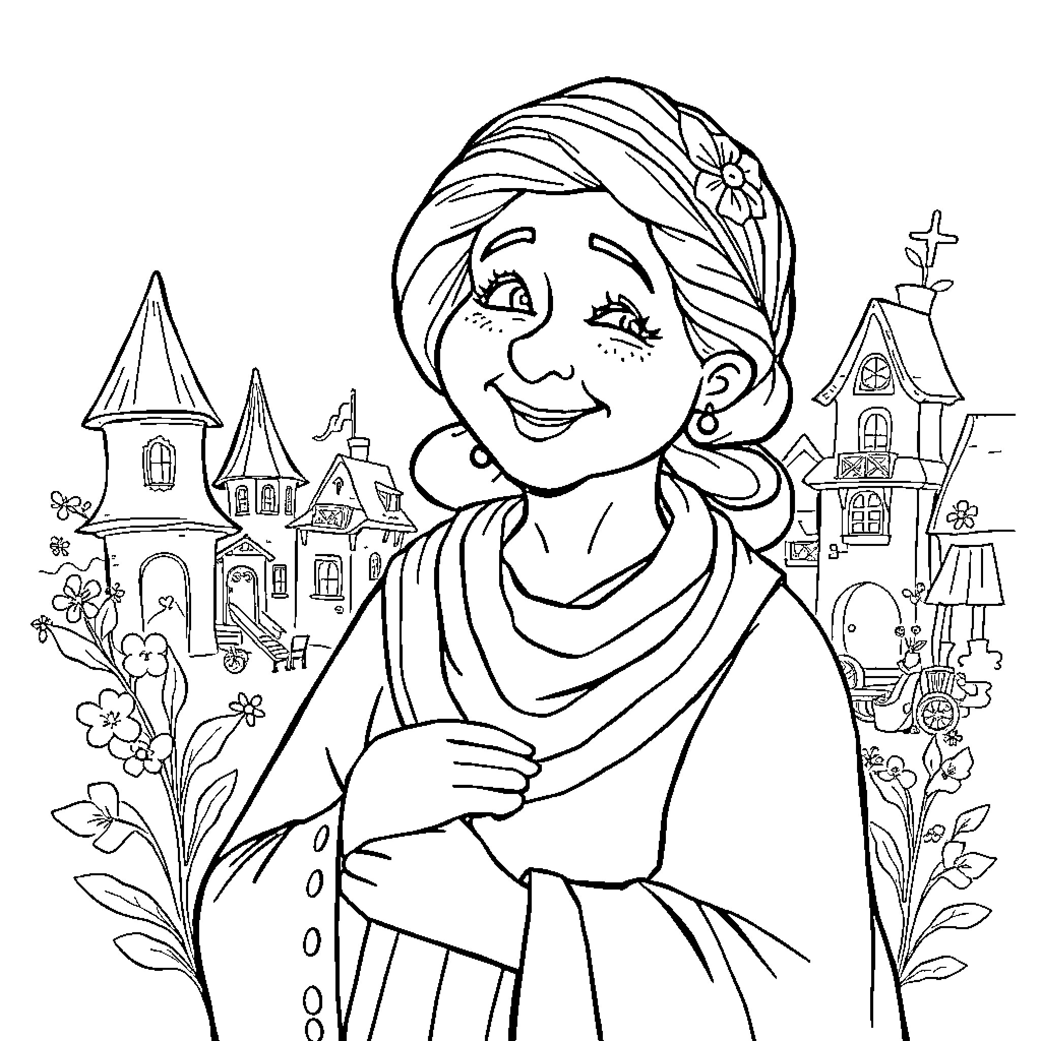 Encanto - Smiling girl in ornate village Coloring Page (free black-and-white line drawing printable PDF for all, from beginners to advanced learners, including children, teens, adults, and seniors)