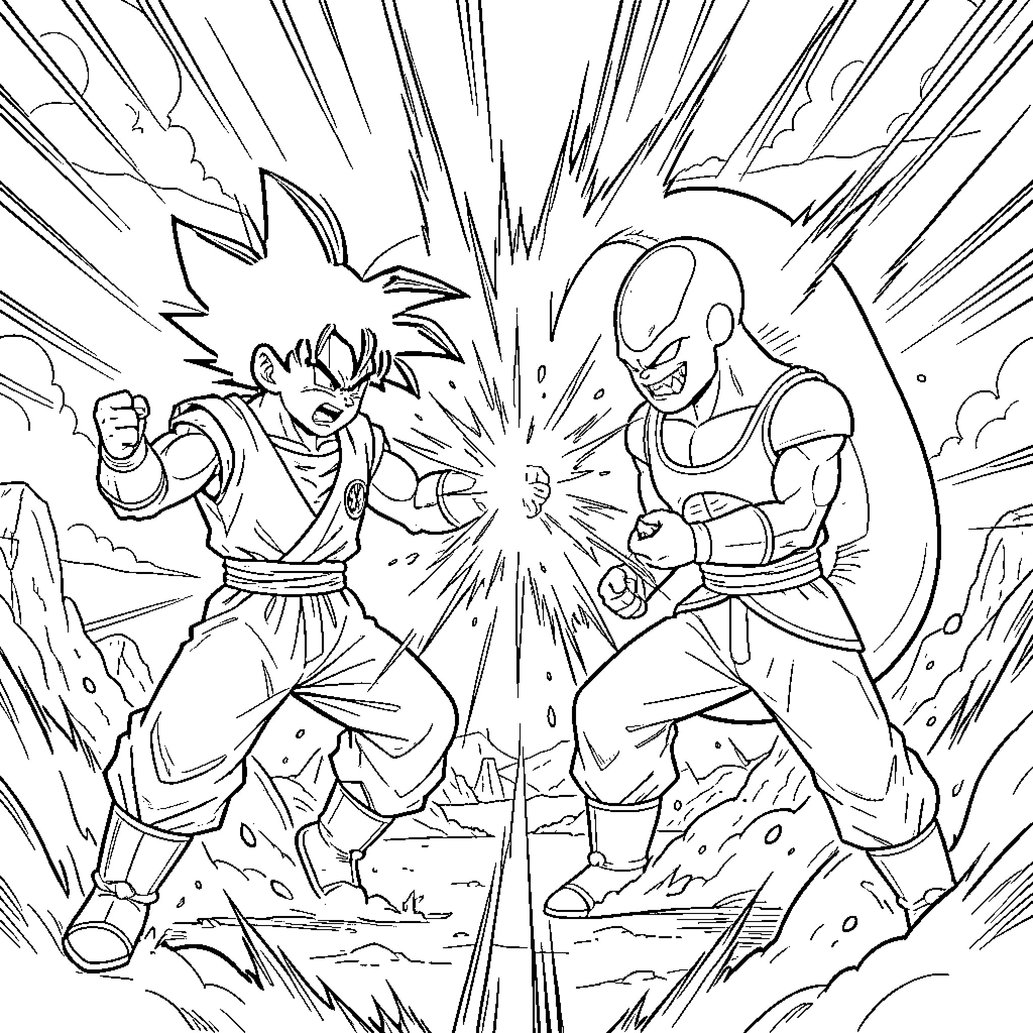 Goku fighting with a muscular opponent in a dramatic battle Coloring Page (free black-and-white line drawing printable PDF for all, from beginners to advanced learners, including children, teens, adults, and seniors)