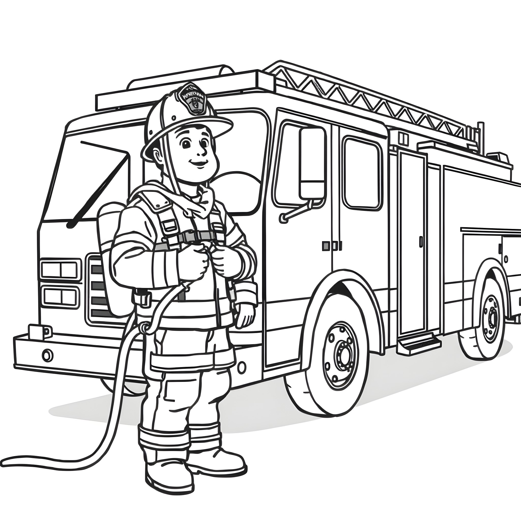 Firefighter standing next to fire engine Coloring Page (free black-and-white line drawing printable PDF for all, from beginners to advanced learners, including children, teens, adults, and seniors)