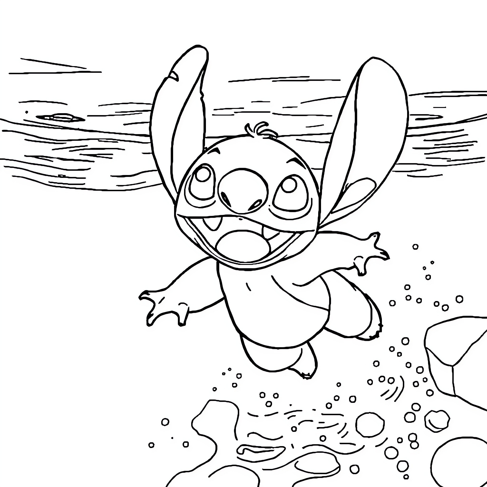 Stitch swimming playfully in the ocean Coloring Page (free black-and-white line drawing printable PDF for all, from beginners to advanced learners, including children, teens, adults, and seniors)
