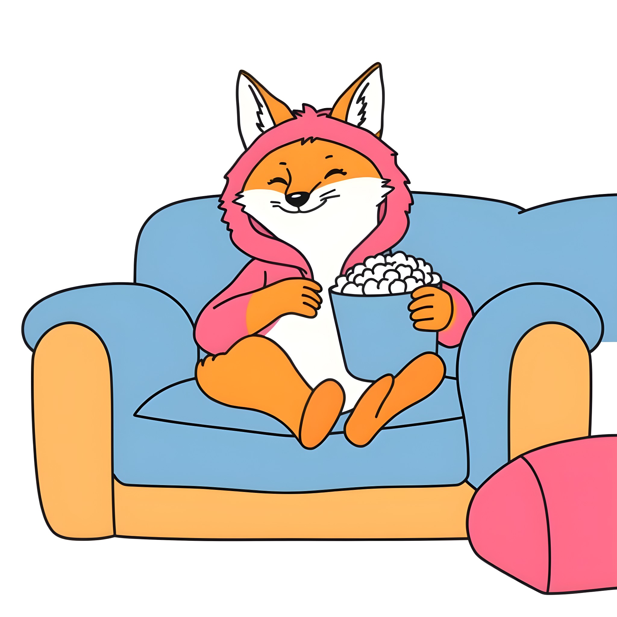Fox enjoying popcorn on the couch Coloring Page (free black-and-white line drawing printable PDF for all, from beginners to advanced learners, including children, teens, adults, and seniors)