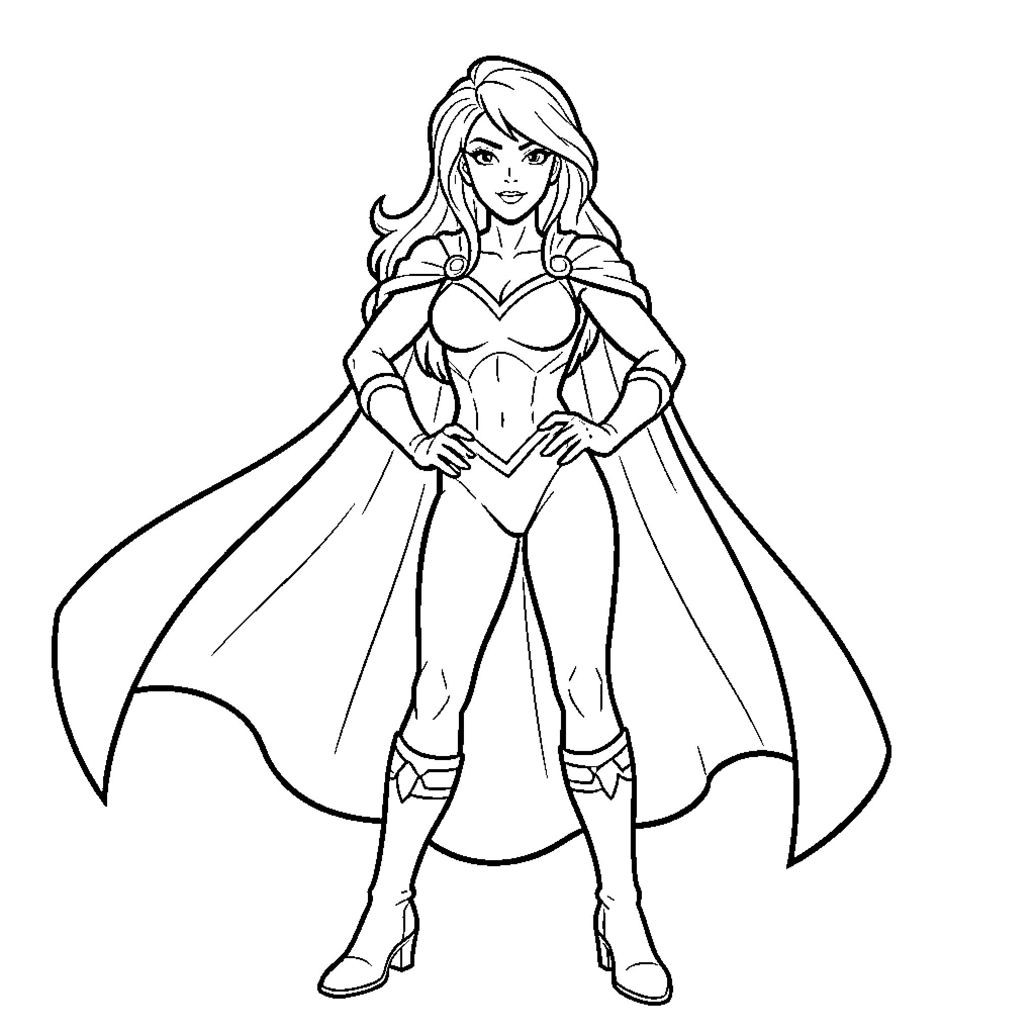 Flash Queen posing heroically in a superhero costume Coloring Page (free black-and-white line drawing printable PDF for all, from beginners to advanced learners, including children, teens, adults, and seniors)