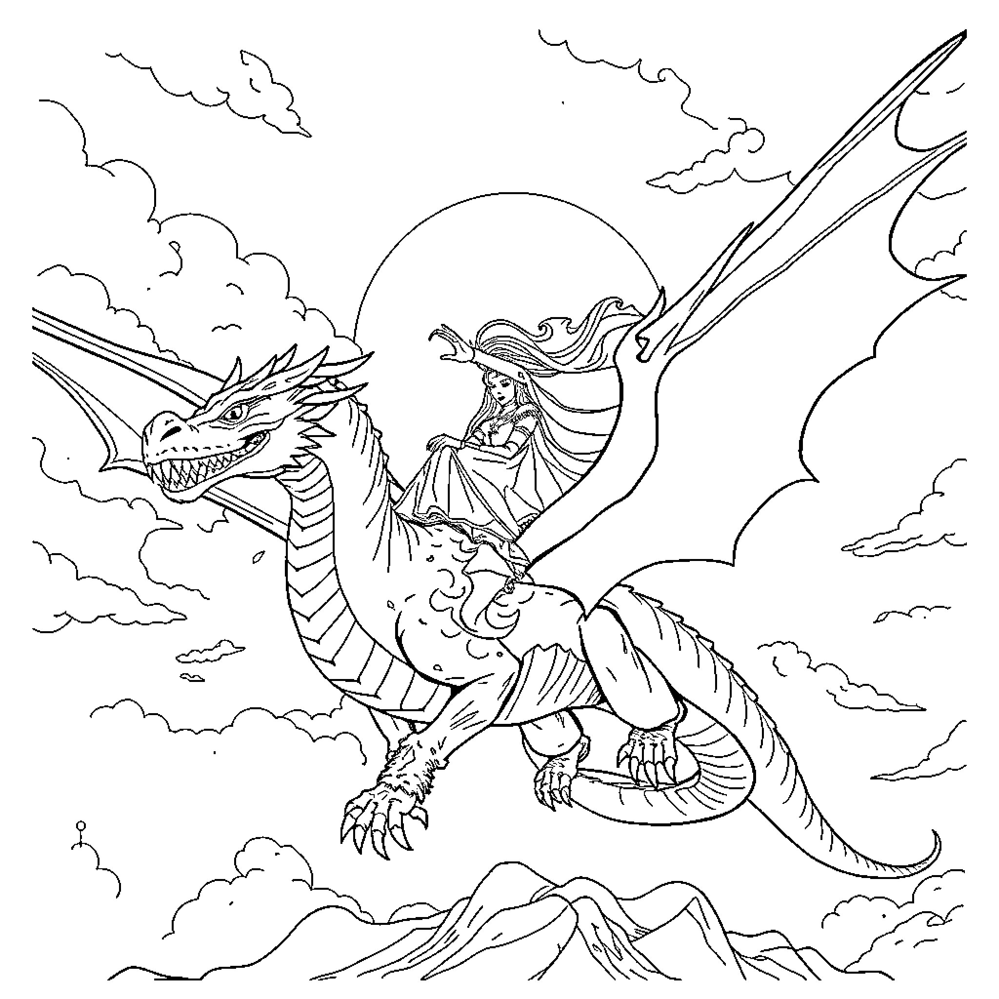 Dragon Rider Soaring through Cloudy Skies Coloring Page (free black-and-white line drawing printable PDF for all, from beginners to advanced learners, including children, teens, adults, and seniors)