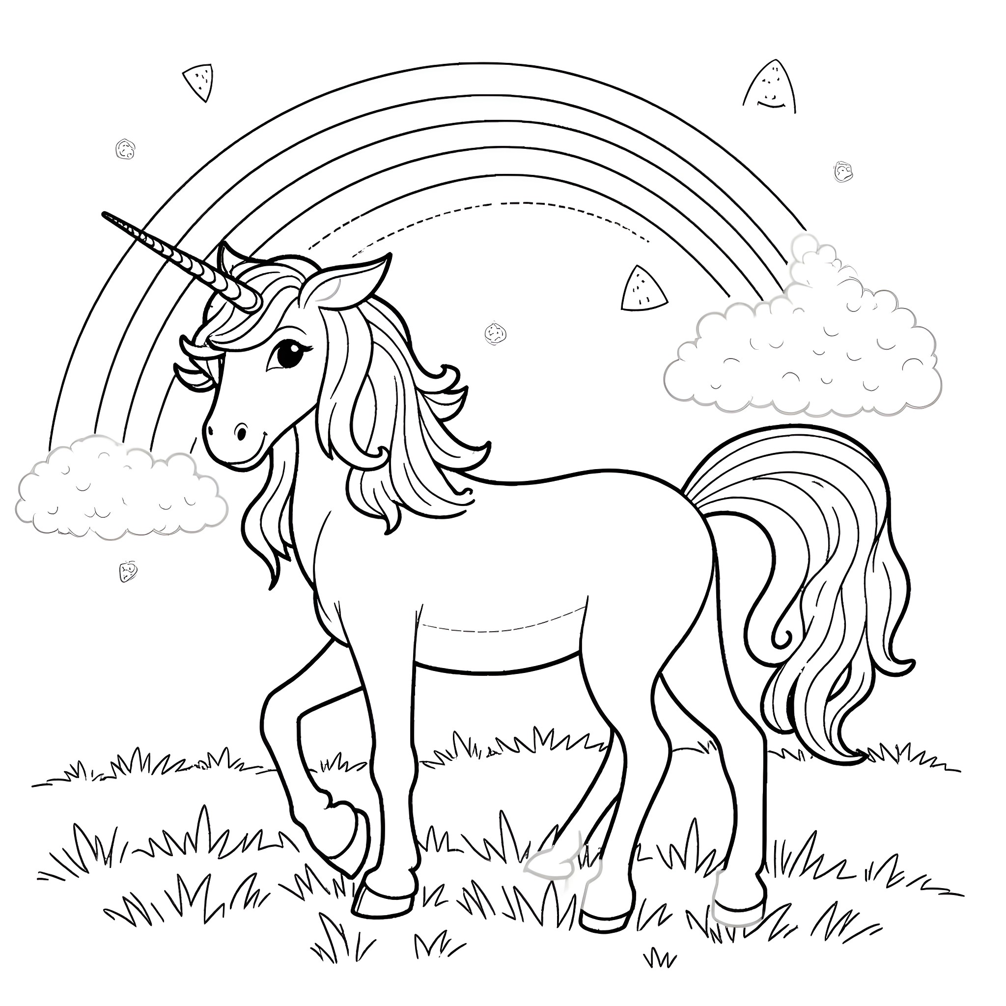 Unicorn standing amidst a rainbow and clouds Coloring Page (free black-and-white line drawing printable PDF for all, from beginners to advanced learners, including children, teens, adults, and seniors)