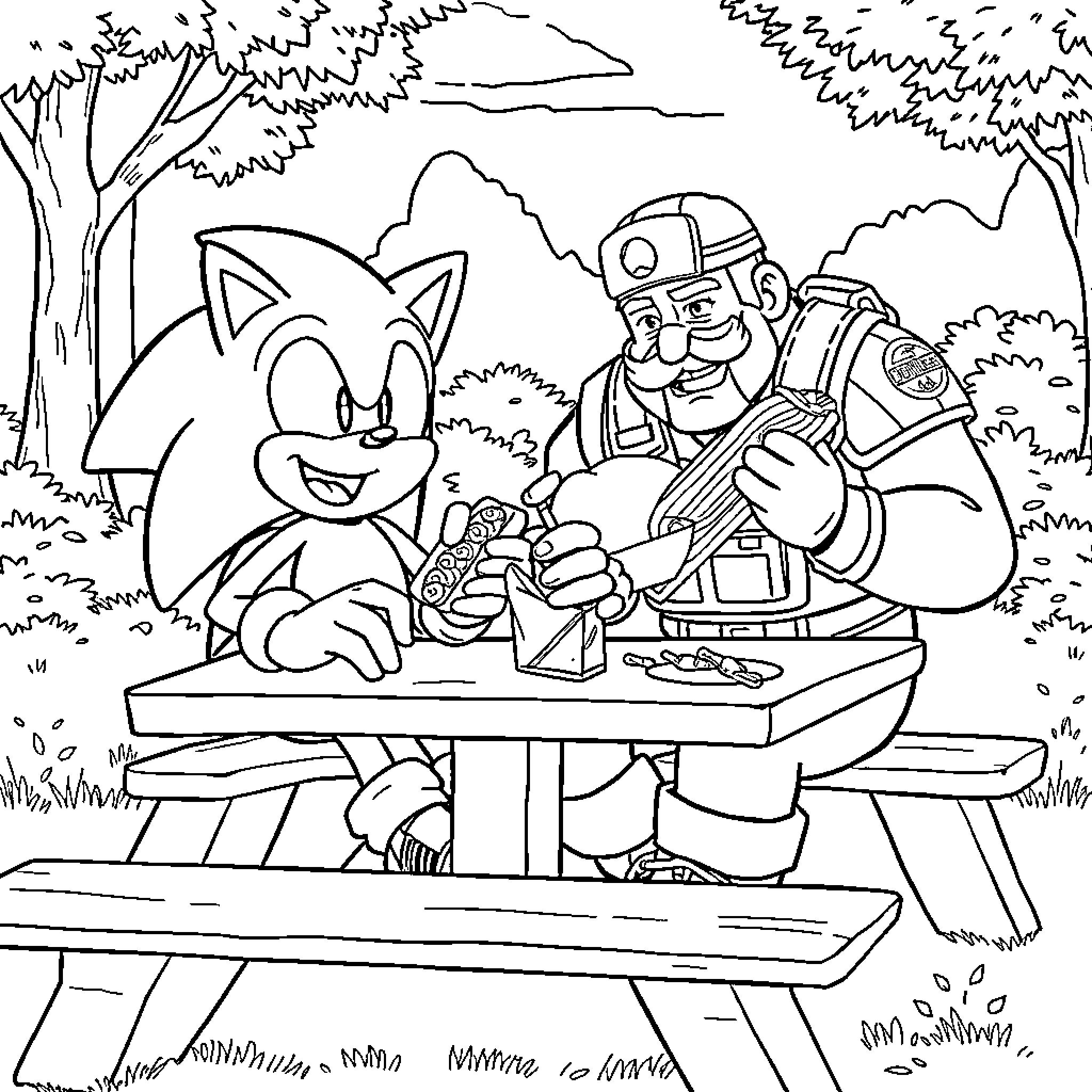 Sonic and Robotnik Sharing a Picnic in the Forest Coloring Page (free black-and-white line drawing printable PDF for all, from beginners to advanced learners, including children, teens, adults, and seniors)