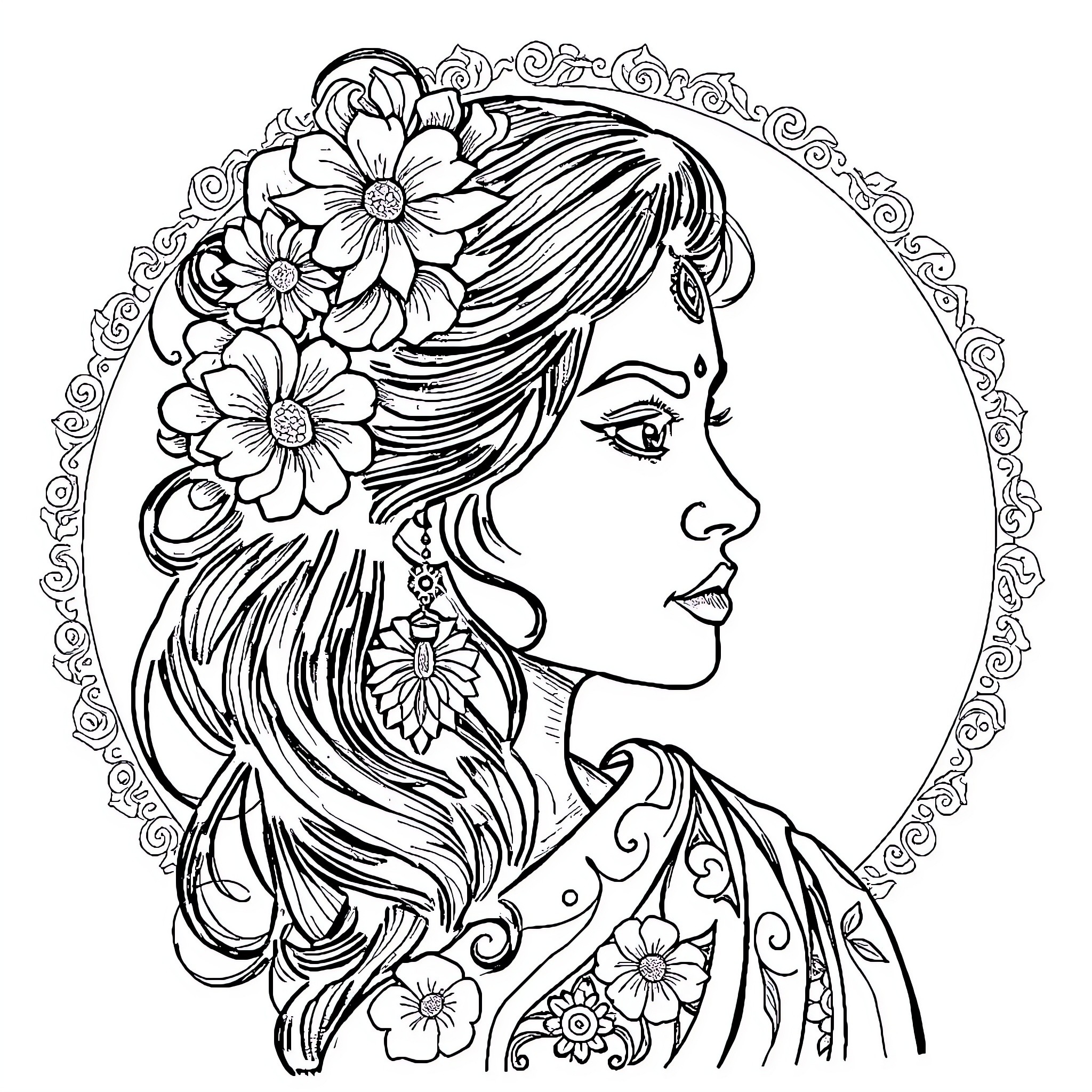 लालबाग राजा: Floral Portrait of a Woman in an Ornate Frame Coloring Page (free black-and-white line drawing printable PDF for all, from beginners to advanced learners, including children, teens, adults, and seniors)