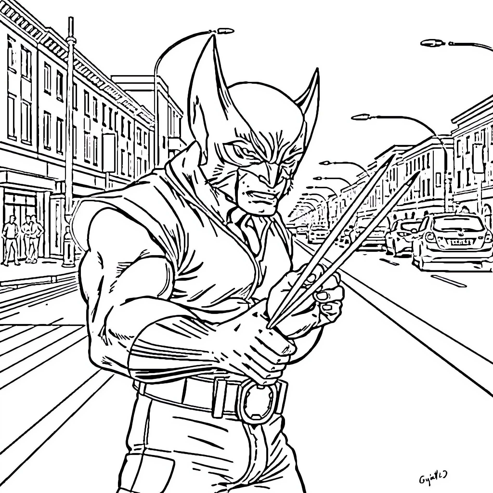 Wolverine heroically leaps into action on city streets Coloring Page (free black-and-white line drawing printable PDF for all, from beginners to advanced learners, including children, teens, adults, and seniors)