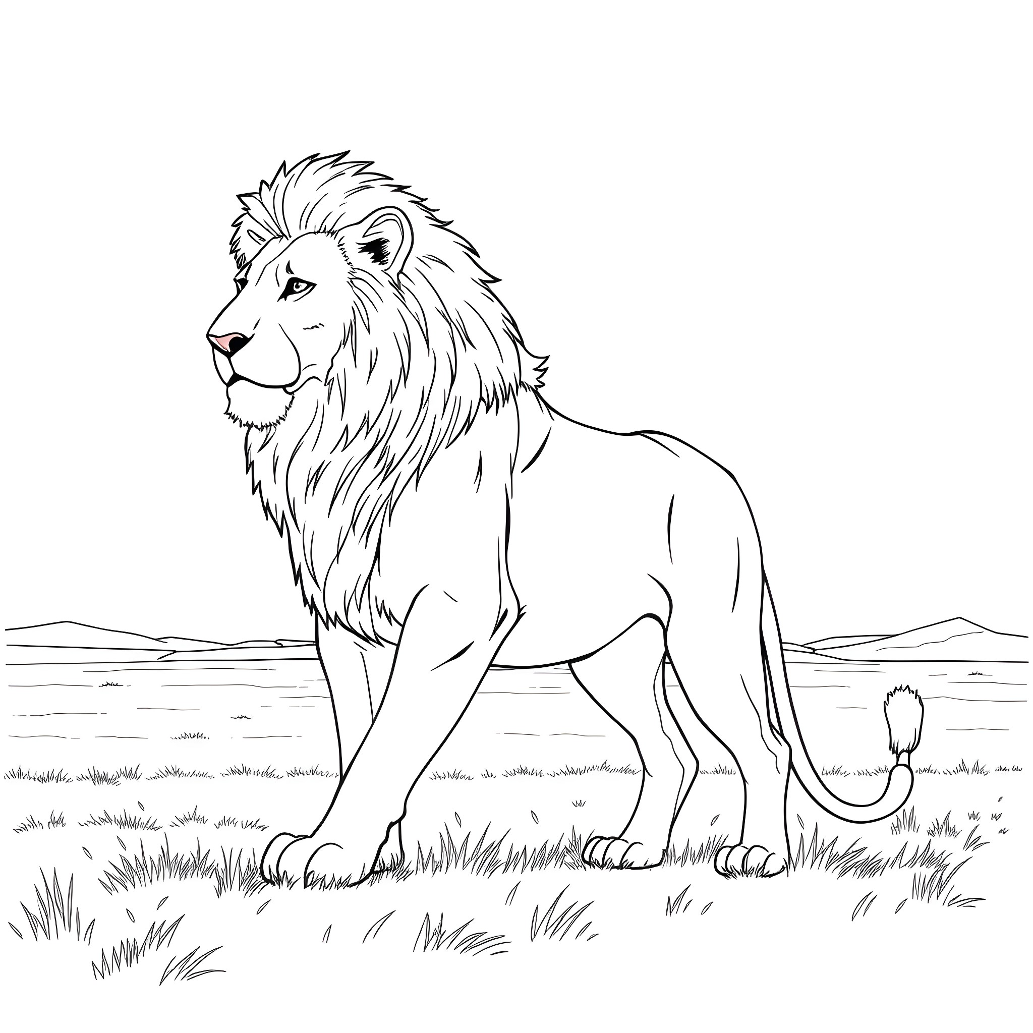 Lion standing proudly in the wilderness Coloring Page (free black-and-white line drawing printable PDF for all, from beginners to advanced learners, including children, teens, adults, and seniors)