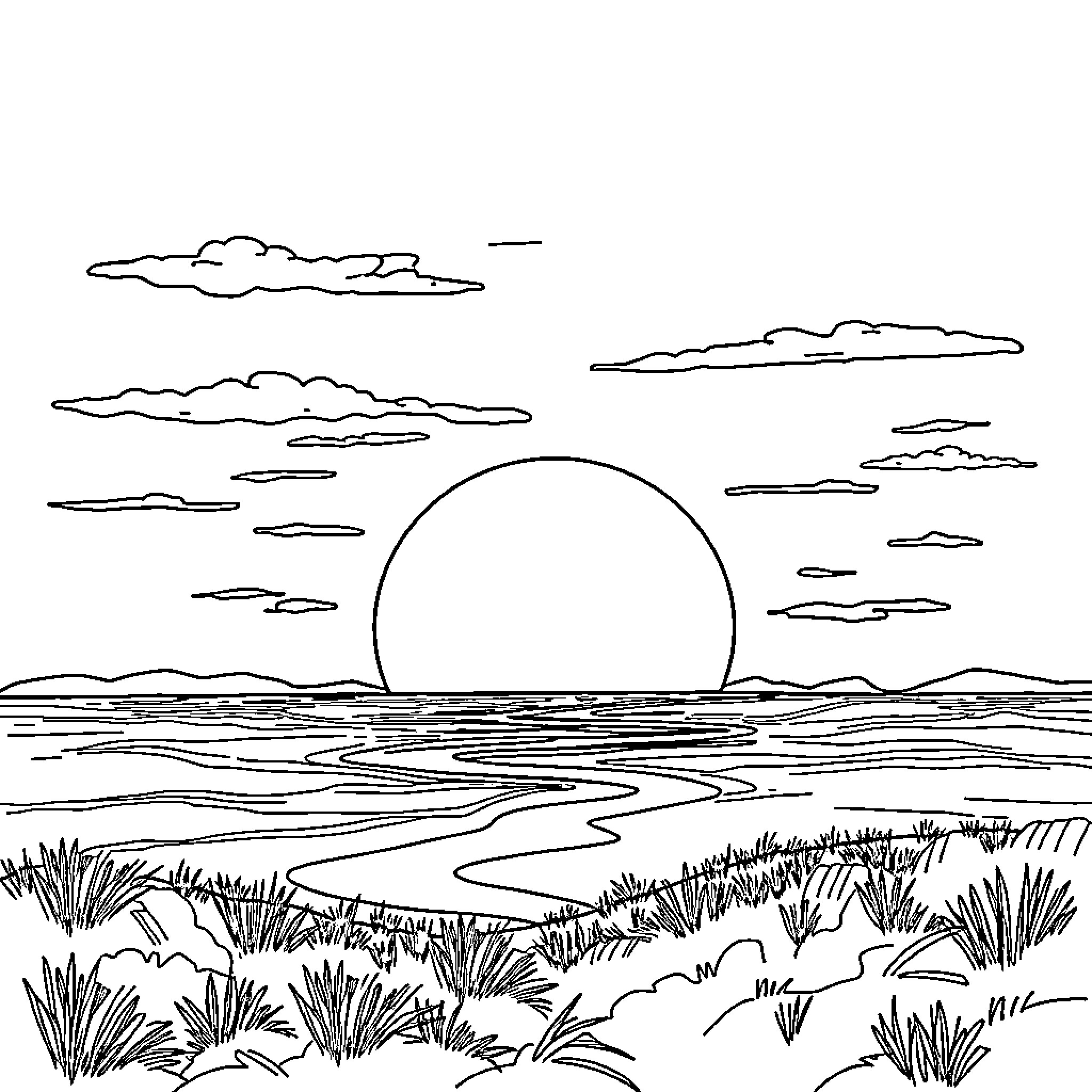 Sun rises above serene landscape with clouds and waves Coloring Page (free black-and-white line drawing printable PDF for all, from beginners to advanced learners, including children, teens, adults, and seniors)