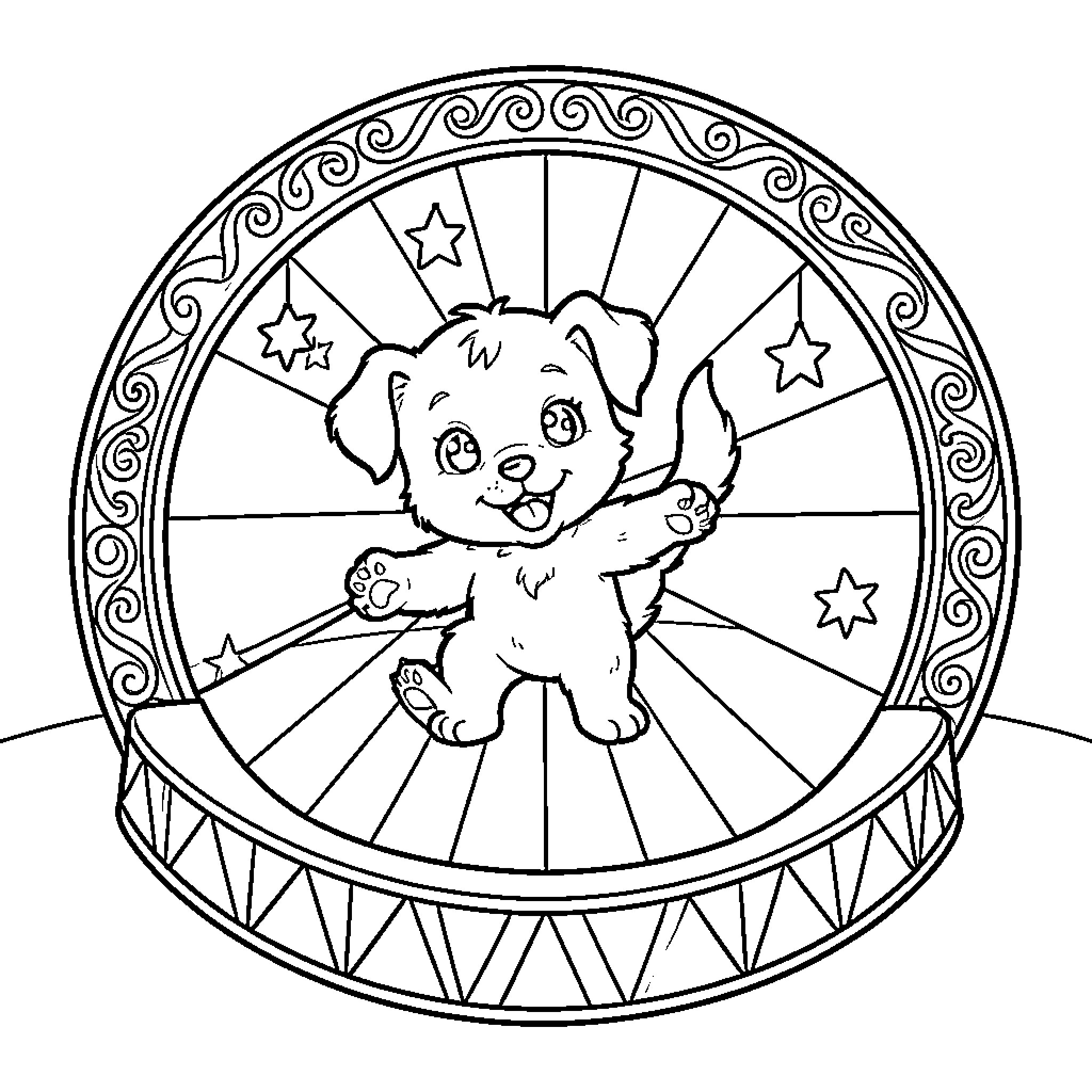 Puppy Joyfully Playing in Decorative Frame Coloring Page (free black-and-white line drawing printable PDF for all, from beginners to advanced learners, including children, teens, adults, and seniors)