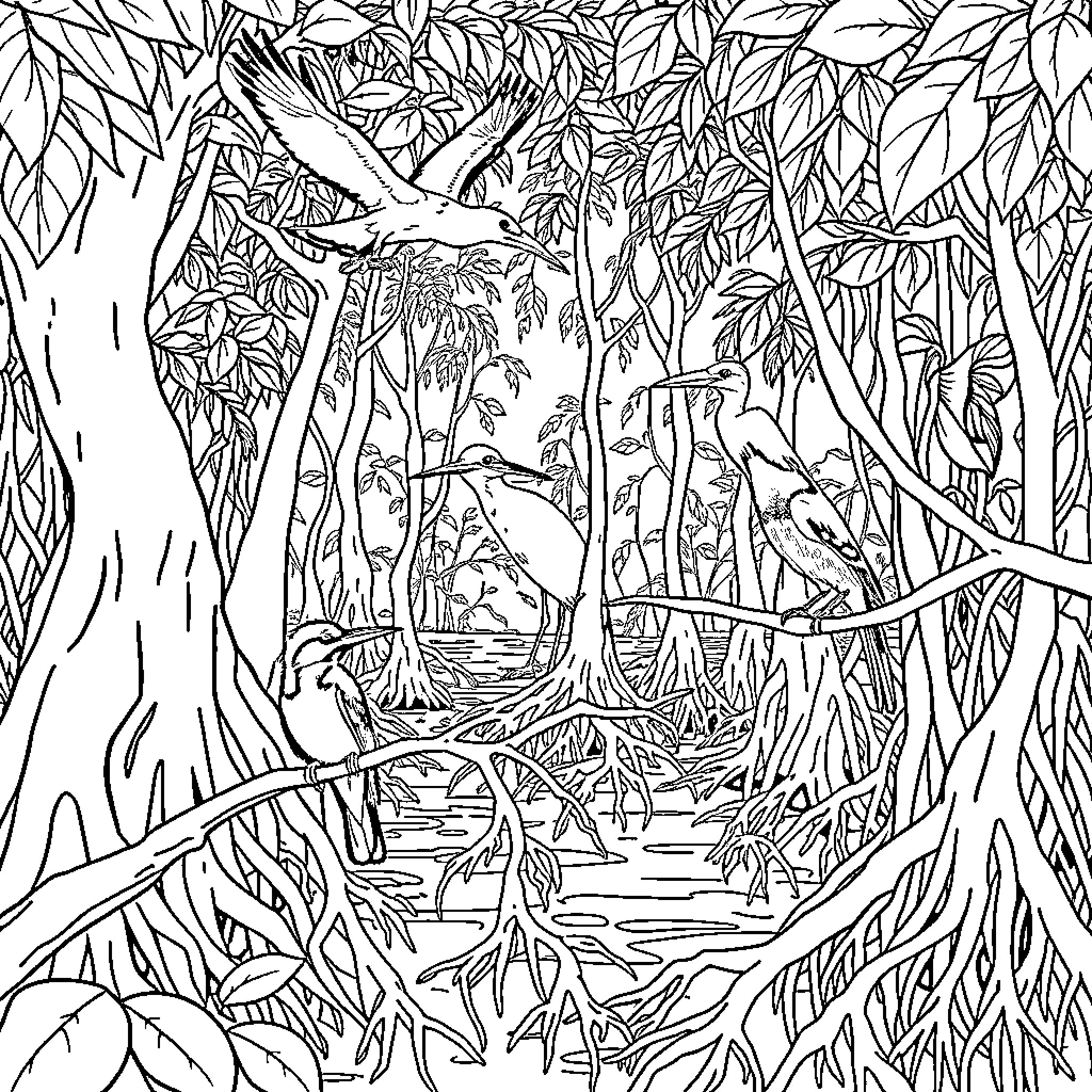 Mangrove swamp with lush vegetation and wildlife Coloring Page (free black-and-white line drawing printable PDF for all, from beginners to advanced learners, including children, teens, adults, and seniors)
