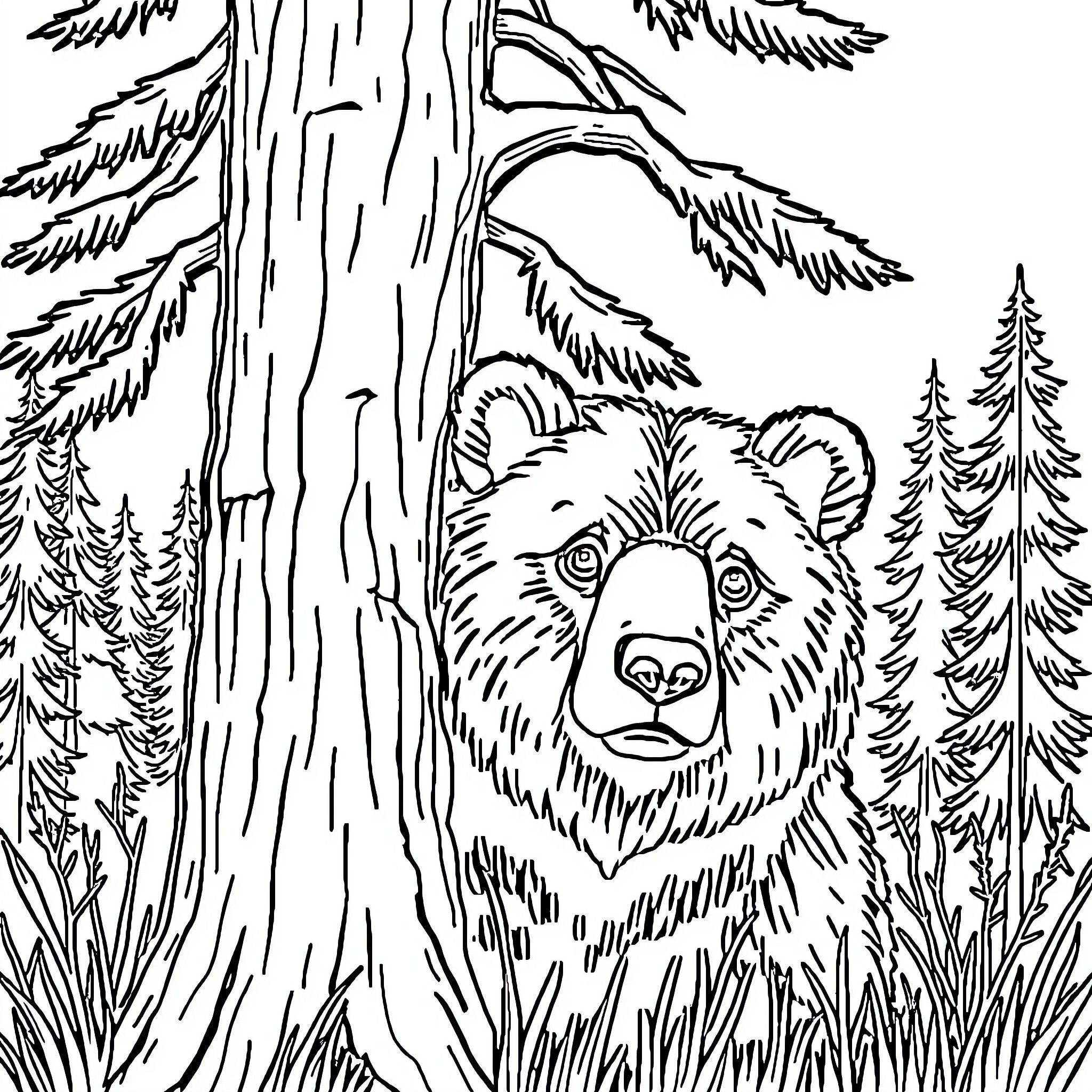 Bear peering from behind tree in forest Coloring Page (free black-and-white line drawing printable PDF for all, from beginners to advanced learners, including children, teens, adults, and seniors)