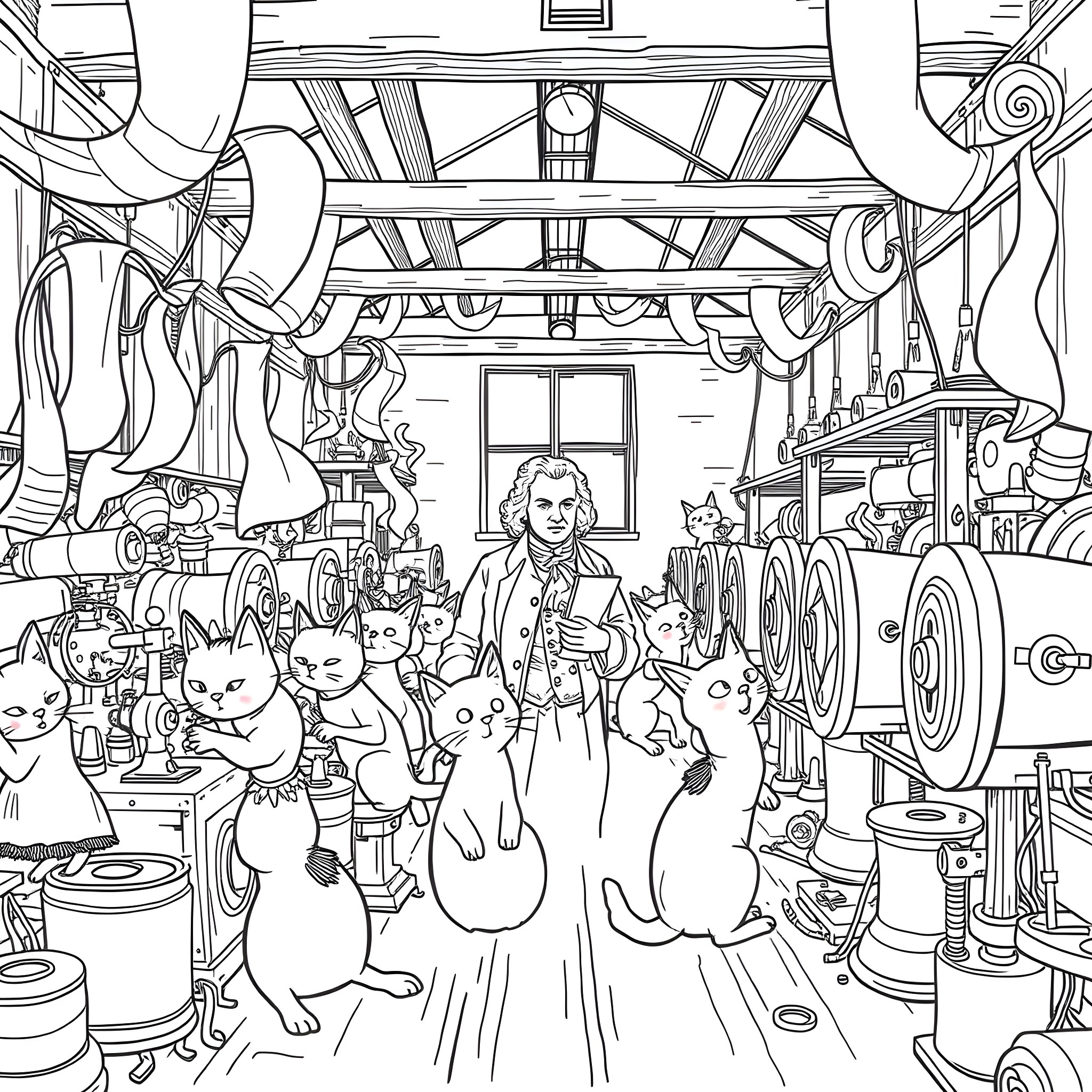 Cat with humans in a whimsical workshop Coloring Page (free black-and-white line drawing printable PDF for all, from beginners to advanced learners, including children, teens, adults, and seniors)