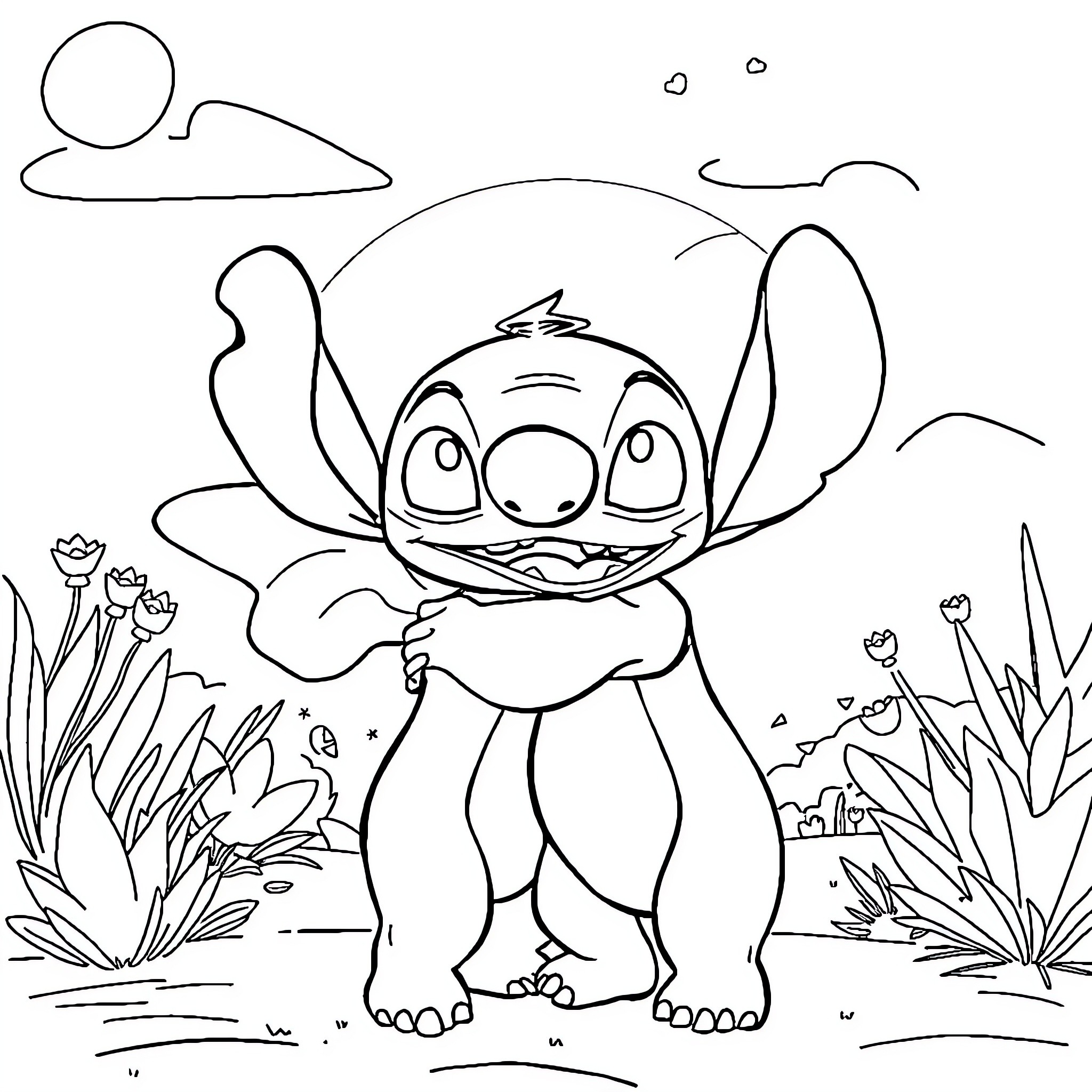 Angel Stitch Happily Embracing Nature Coloring Page (free black-and-white line drawing printable PDF for all, from beginners to advanced learners, including children, teens, adults, and seniors)