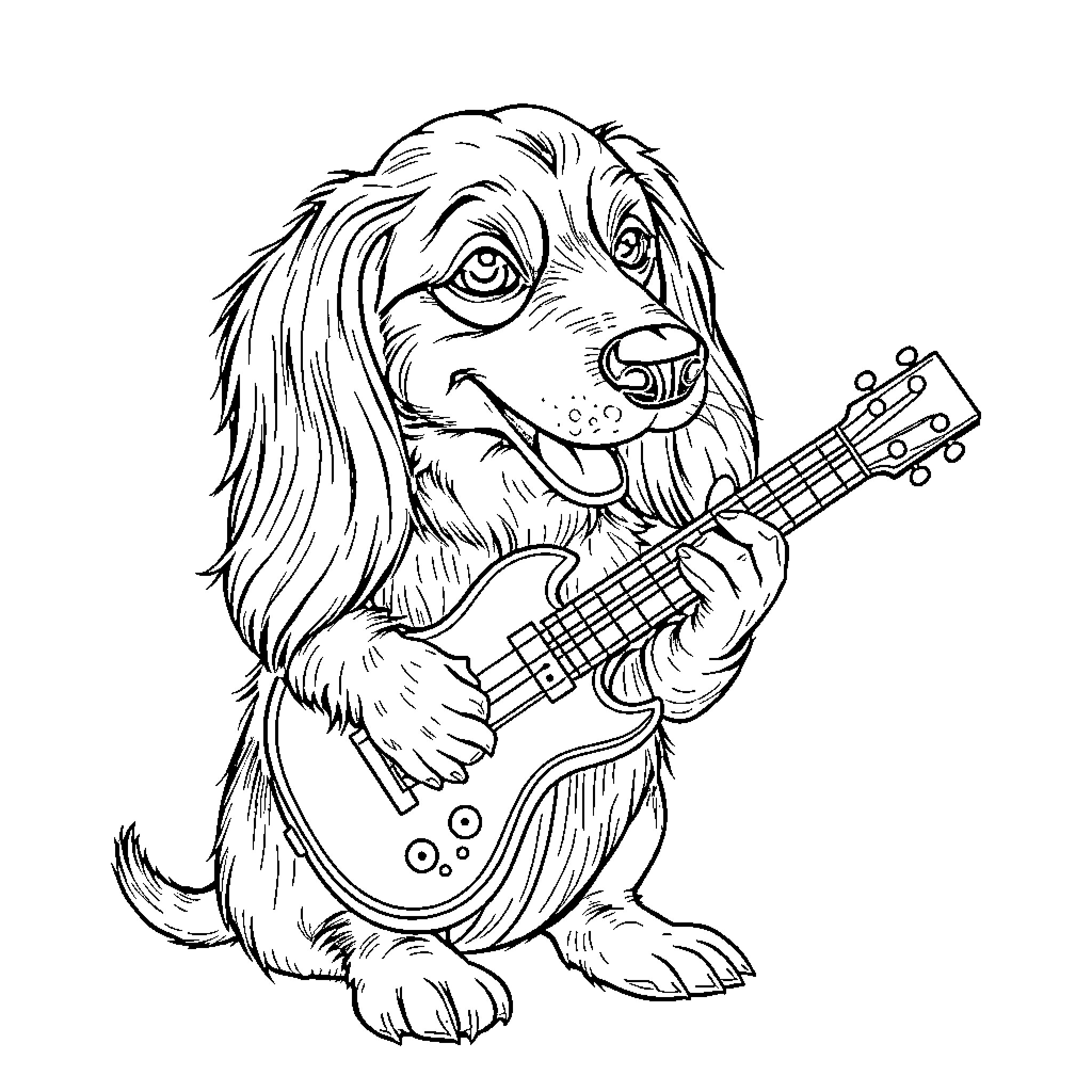 Dachshund playing guitar happily Coloring Page (free black-and-white line drawing printable PDF for all, from beginners to advanced learners, including children, teens, adults, and seniors)