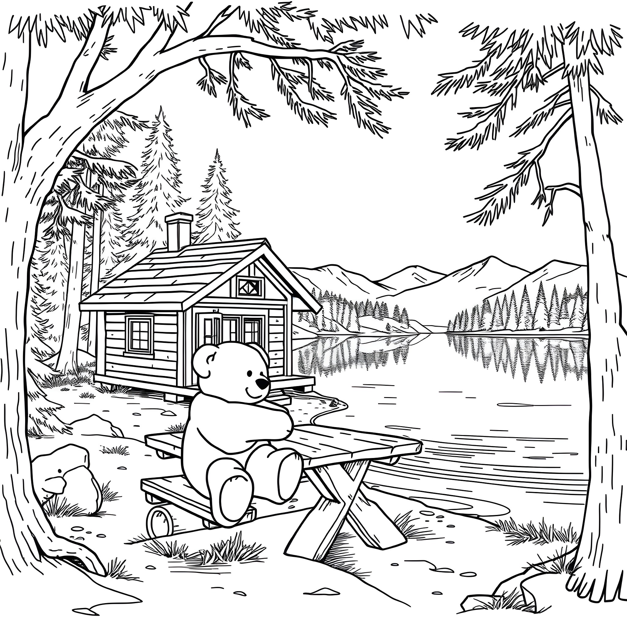 Teddy Bear relaxing at the cabin by the lake Coloring Page (free black-and-white line drawing printable PDF for all, from beginners to advanced learners, including children, teens, adults, and seniors)