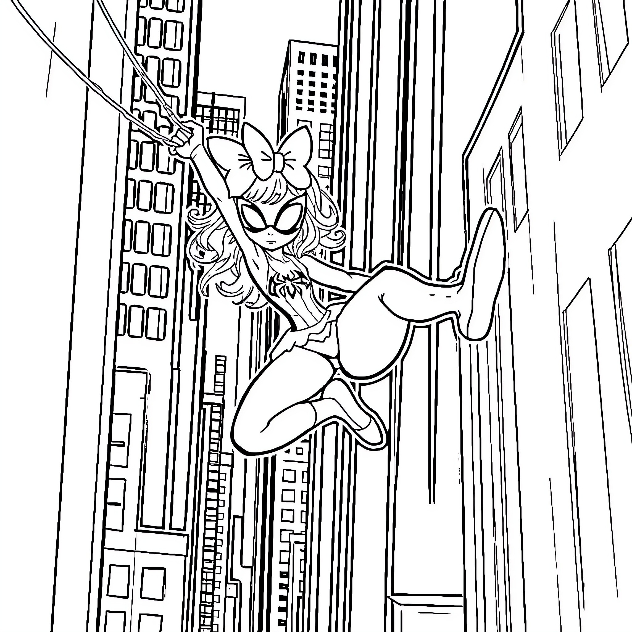 Spidergirl swinging through the city skyline Coloring Page (free black-and-white line drawing printable PDF for all, from beginners to advanced learners, including children, teens, adults, and seniors)