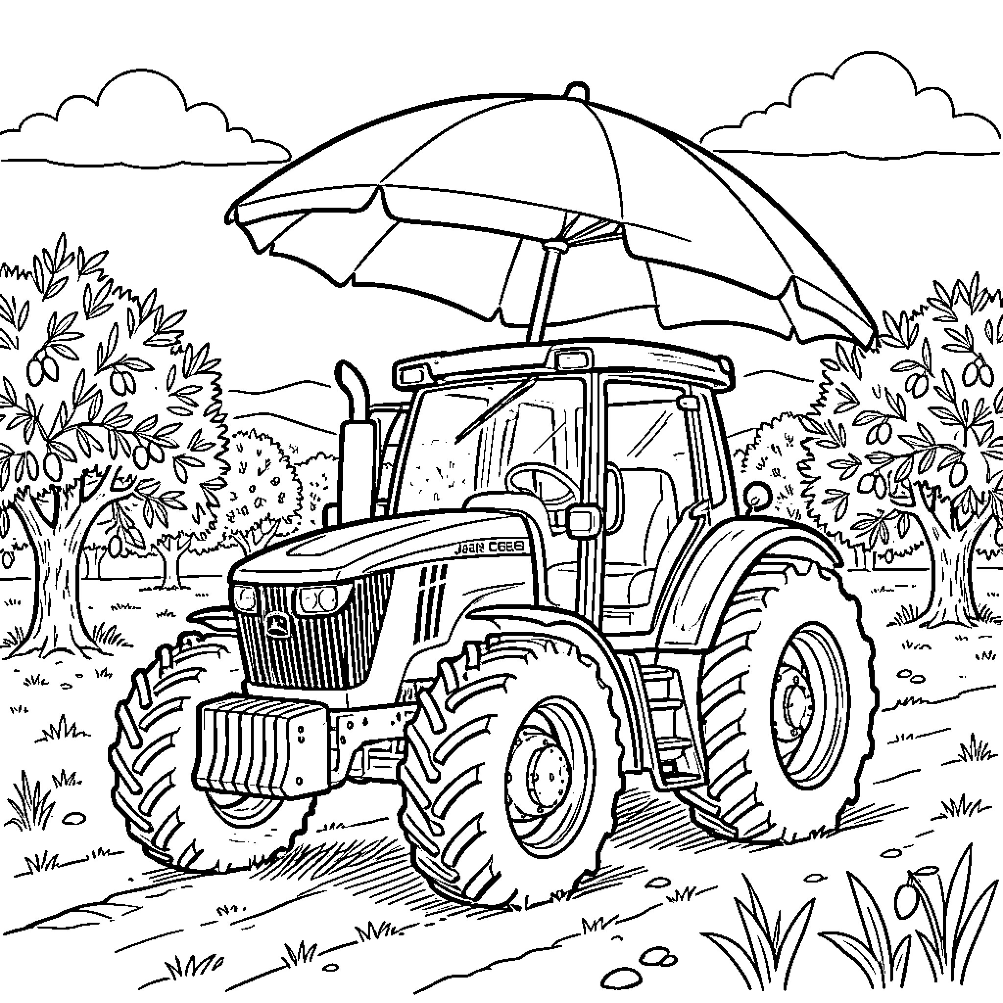 Tractor with umbrella working in the field Coloring Page (free black-and-white line drawing printable PDF for all, from beginners to advanced learners, including children, teens, adults, and seniors)