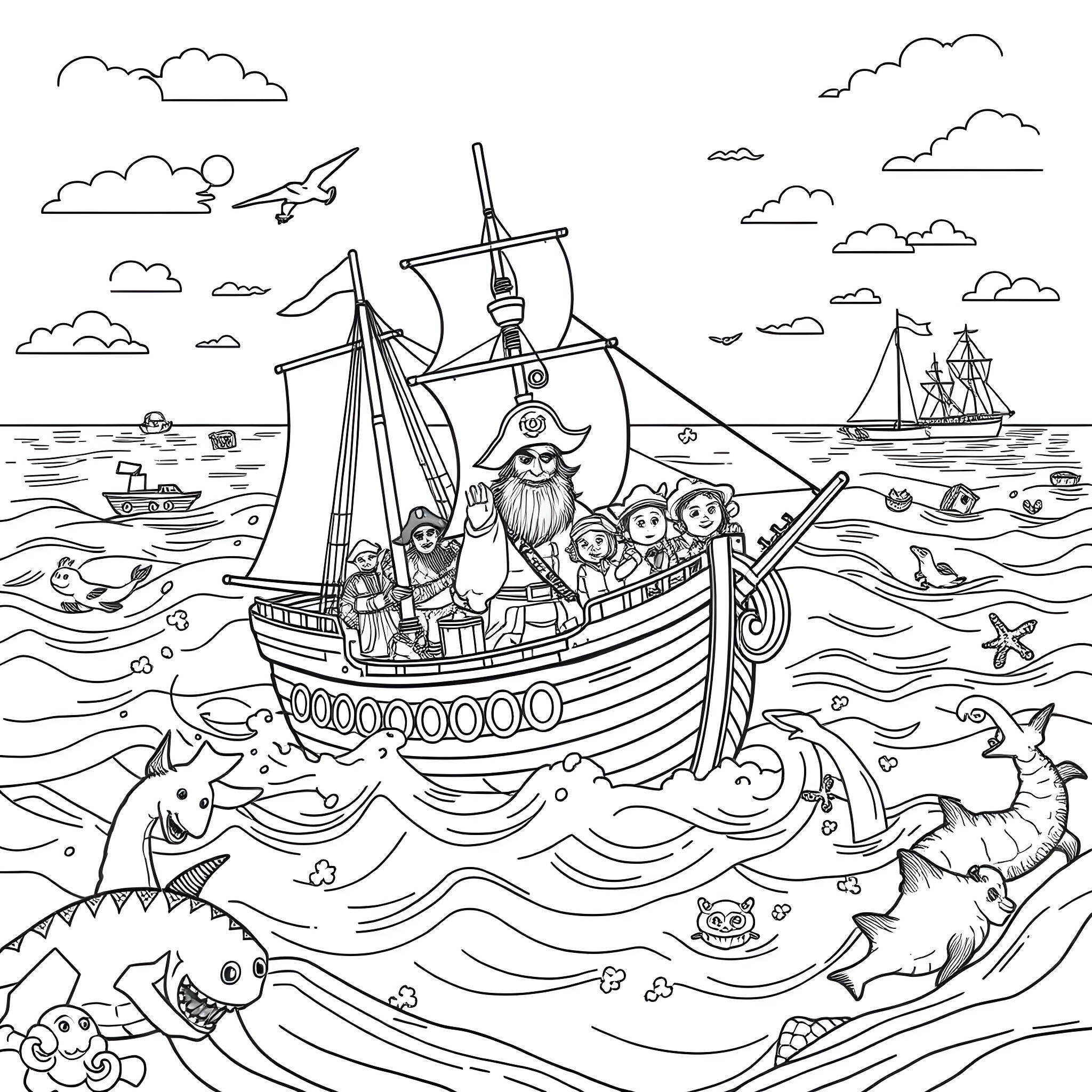 One Piece Characters on a Pirate Ship at Sea Coloring Page (free black-and-white line drawing printable PDF for all, from beginners to advanced learners, including children, teens, adults, and seniors)