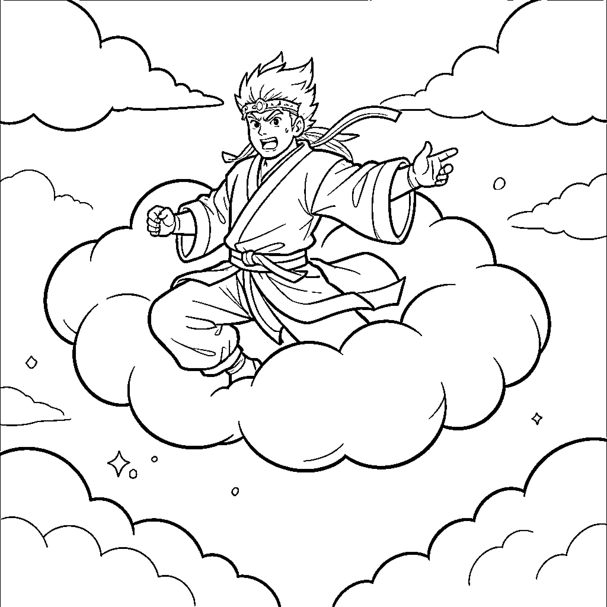 Sangoku riding a flying cloud with a determined expression Coloring Page (free black-and-white line drawing printable PDF for all, from beginners to advanced learners, including children, teens, adults, and seniors)