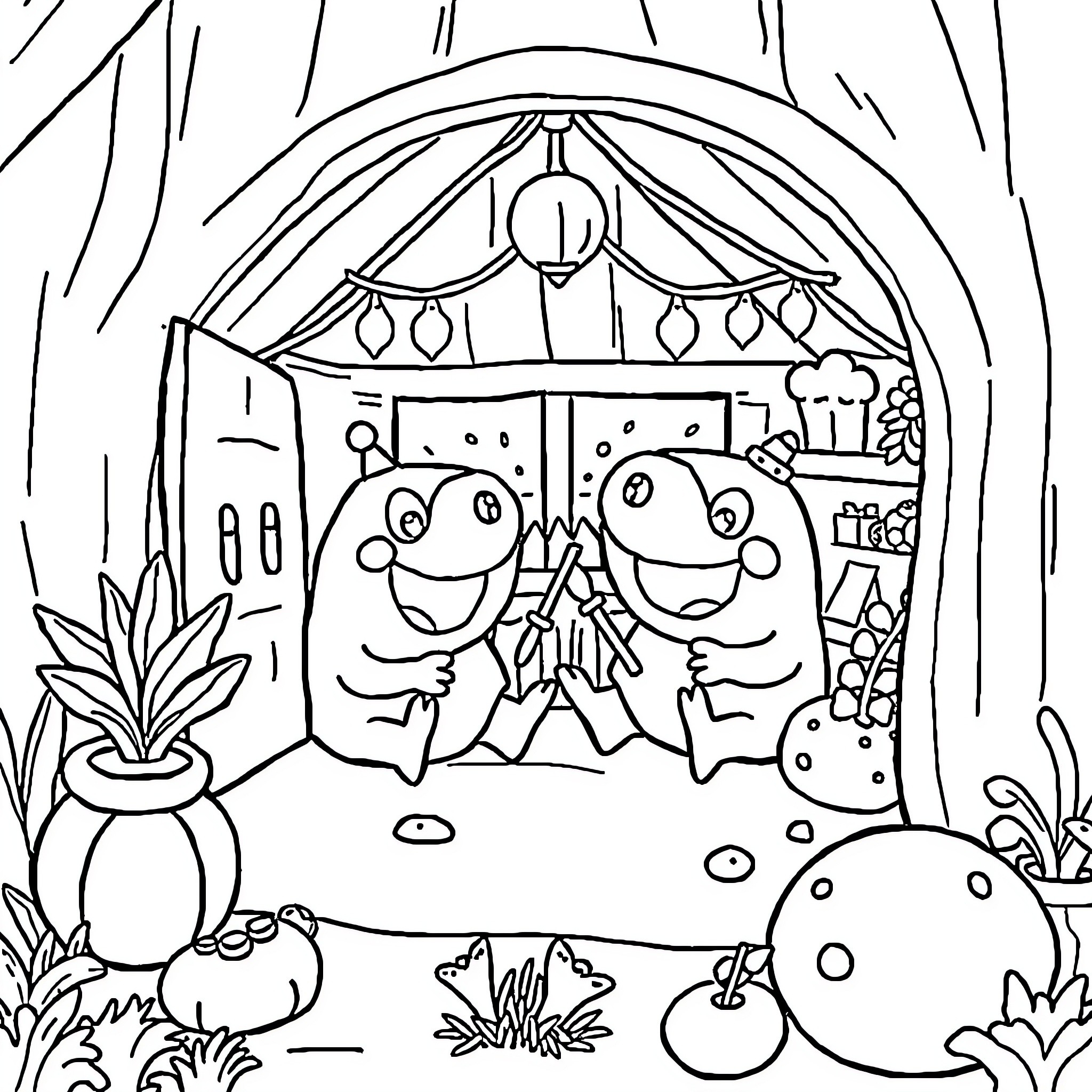 Barbapapa's Whimsical Adventure in the Enchanted Kitchen Coloring Page (free black-and-white line drawing printable PDF for all, from beginners to advanced learners, including children, teens, adults, and seniors)