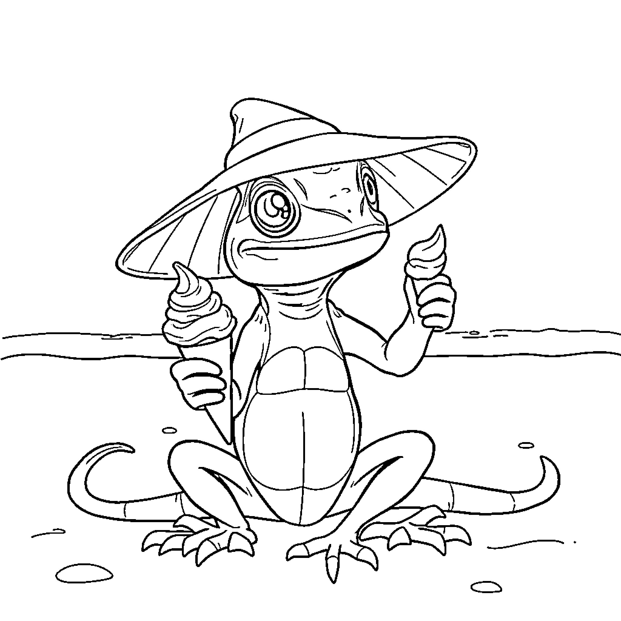 Lizard enjoying a sunny day in the outdoors Coloring Page (free black-and-white line drawing printable PDF for all, from beginners to advanced learners, including children, teens, adults, and seniors)