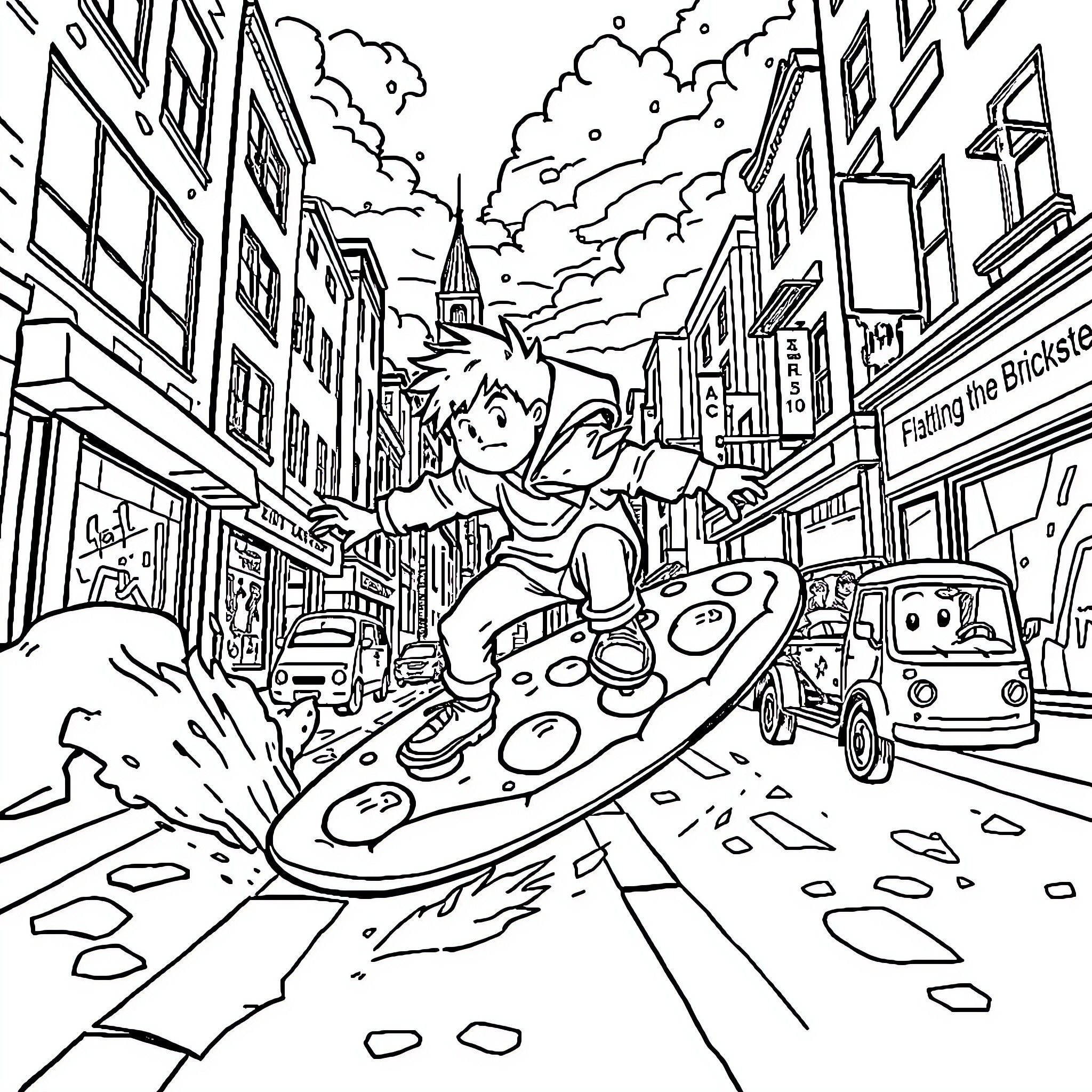 Insomniac races through the city streets on hoverboard Coloring Page (free black-and-white line drawing printable PDF for all, from beginners to advanced learners, including children, teens, adults, and seniors)