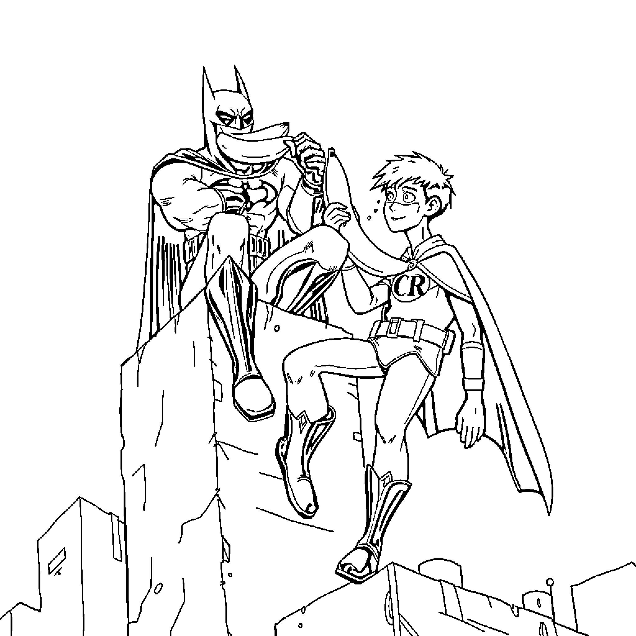 Batman mentoring a young sidekick in the city Coloring Page (free black-and-white line drawing printable PDF for all, from beginners to advanced learners, including children, teens, adults, and seniors)