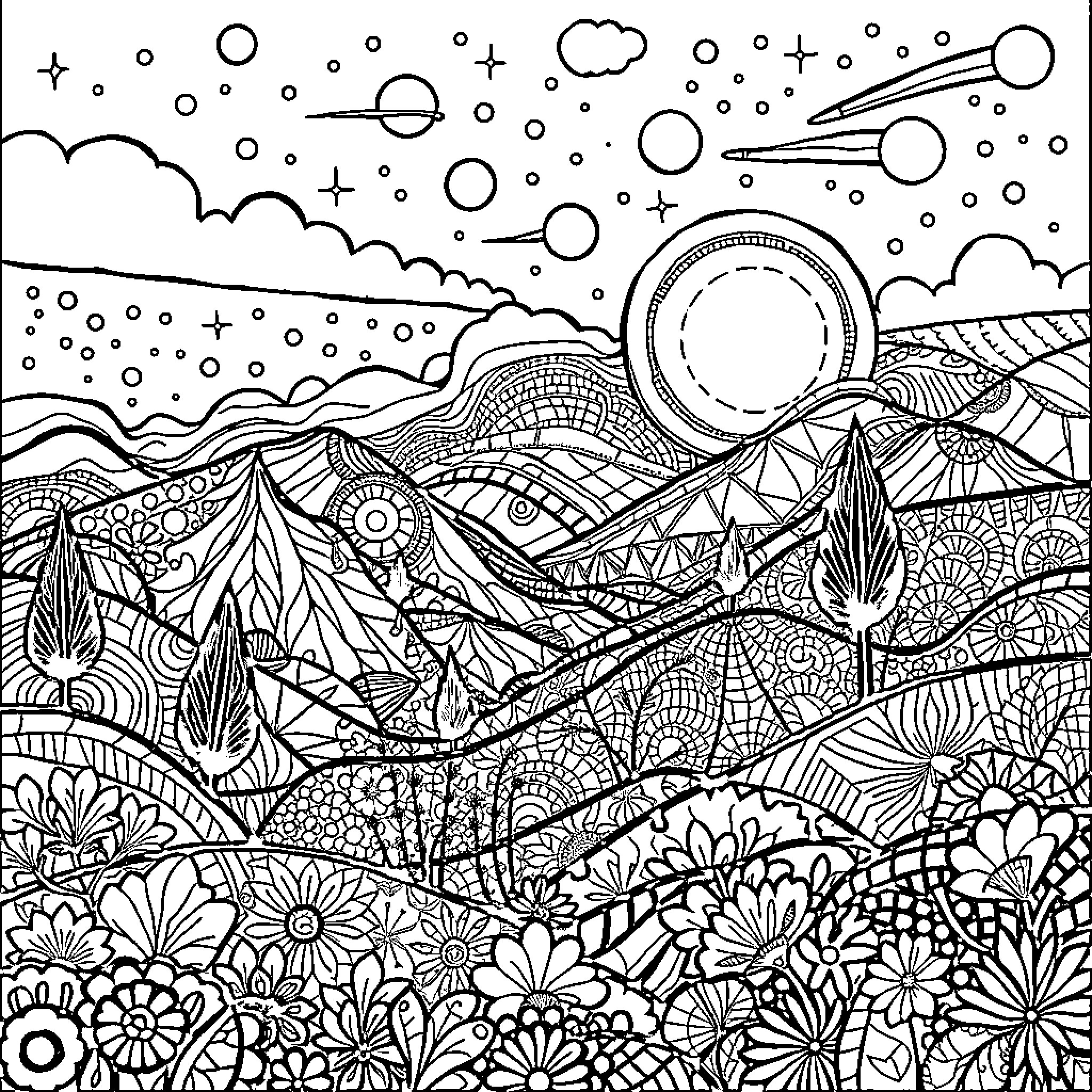 Landscape of intricate patterns and celestial elements Coloring Page (free black-and-white line drawing printable PDF for all, from beginners to advanced learners, including children, teens, adults, and seniors)