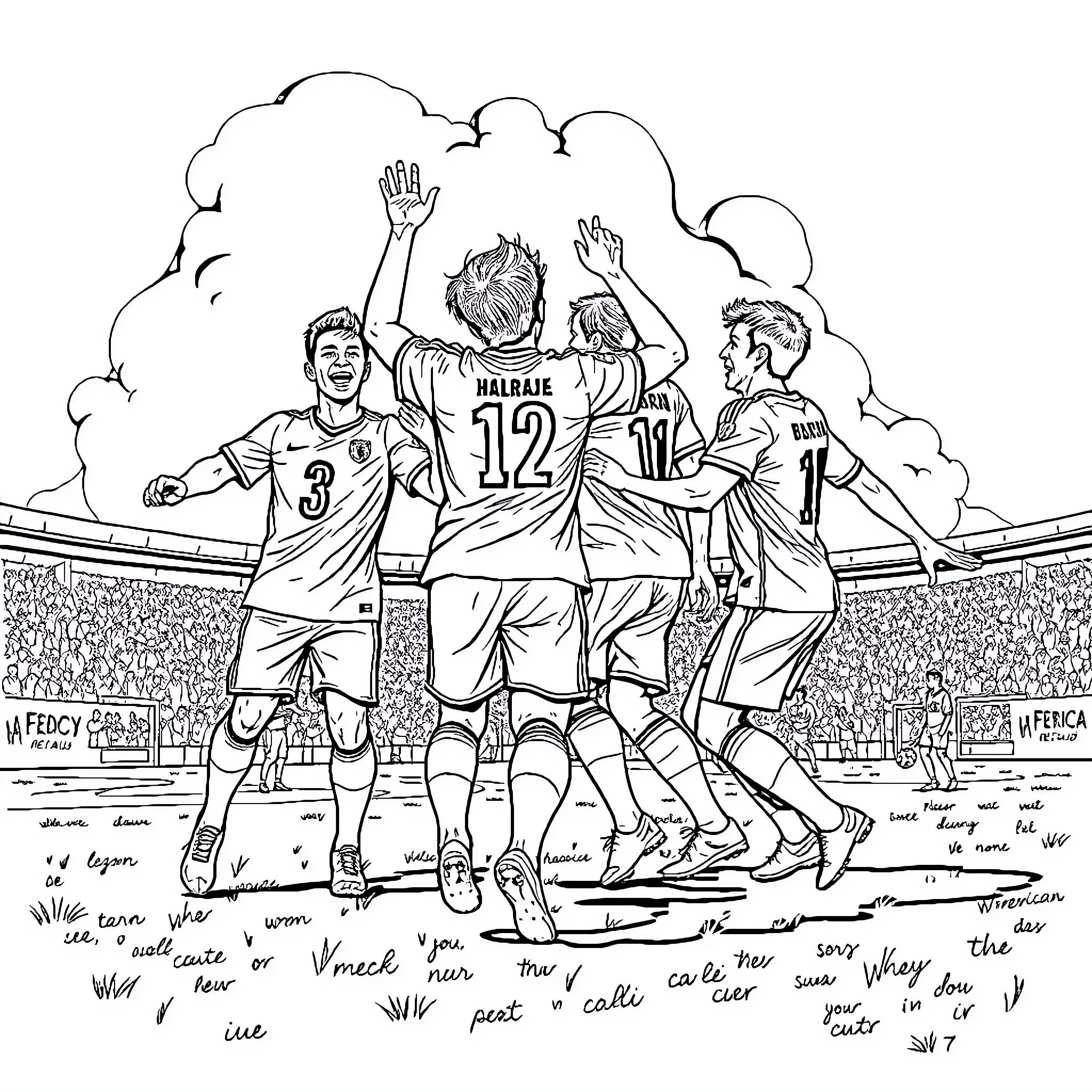 American Soccer Players Celebrating Victory on the Field Coloring Page (free black-and-white line drawing printable PDF for all, from beginners to advanced learners, including children, teens, adults, and seniors)