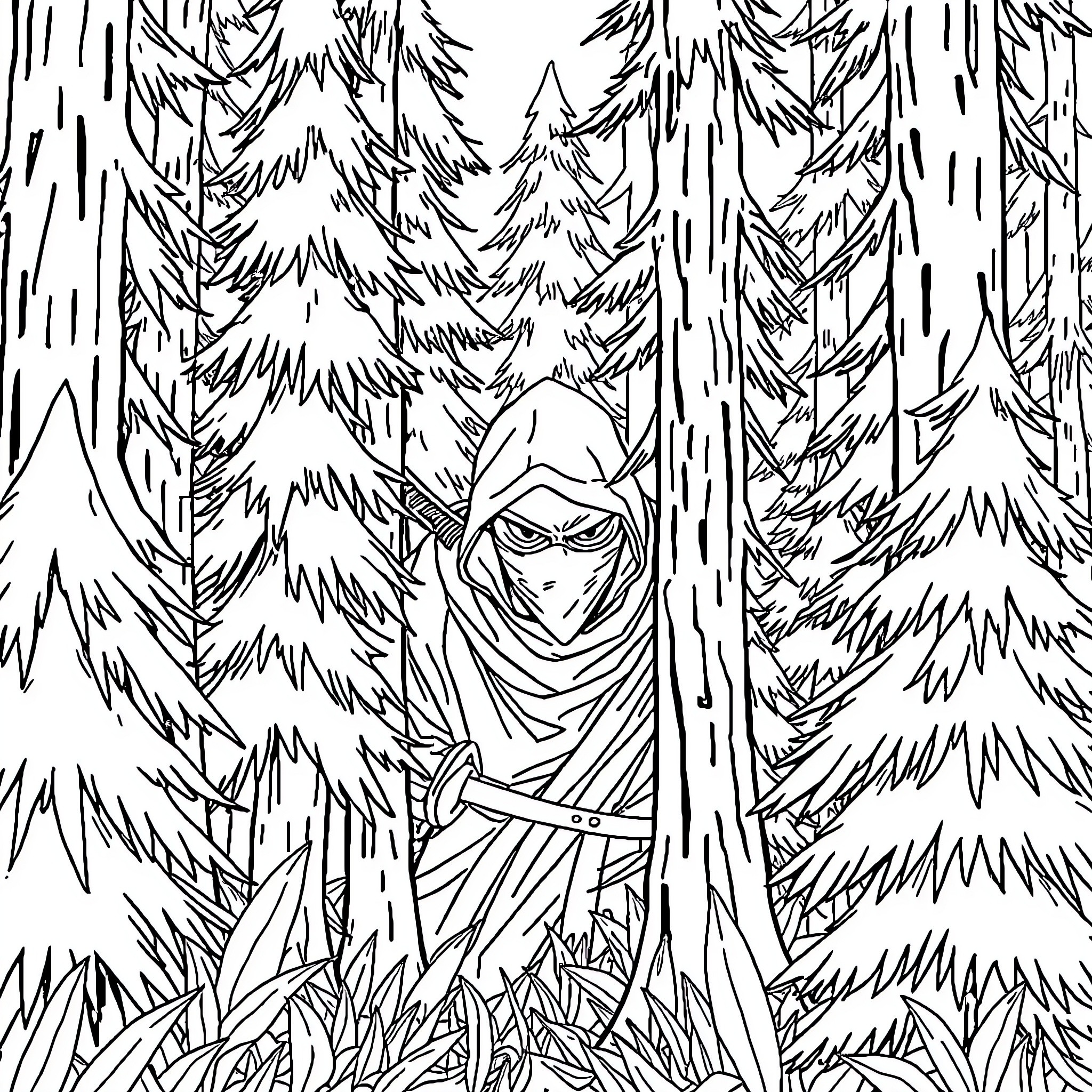 Ninja in the Mysterious Forest Coloring Page (free black-and-white line drawing printable PDF for all, from beginners to advanced learners, including children, teens, adults, and seniors)