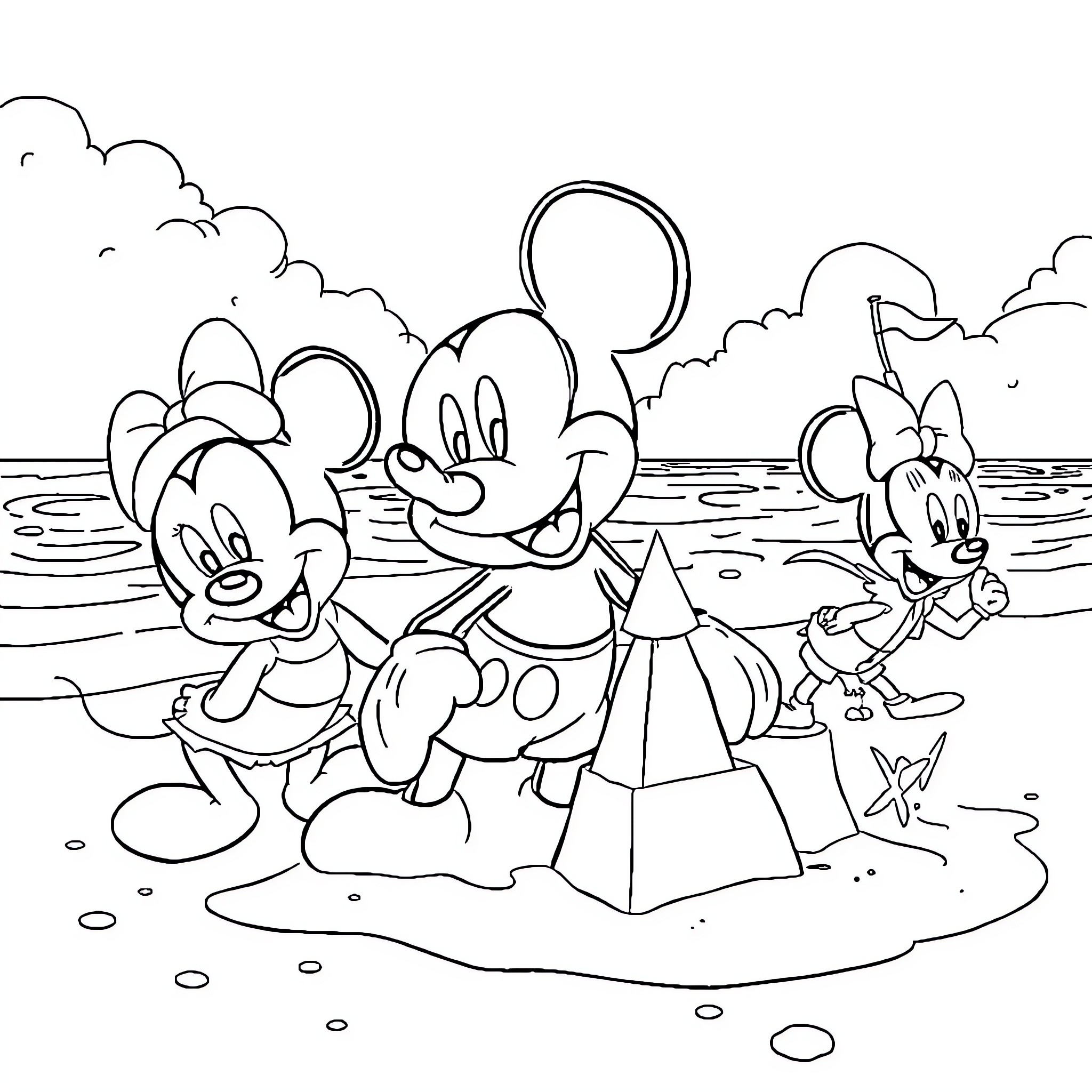Mickey and Friends Enjoy a Day at the Beach Coloring Page (free black-and-white line drawing printable PDF for all, from beginners to advanced learners, including children, teens, adults, and seniors)