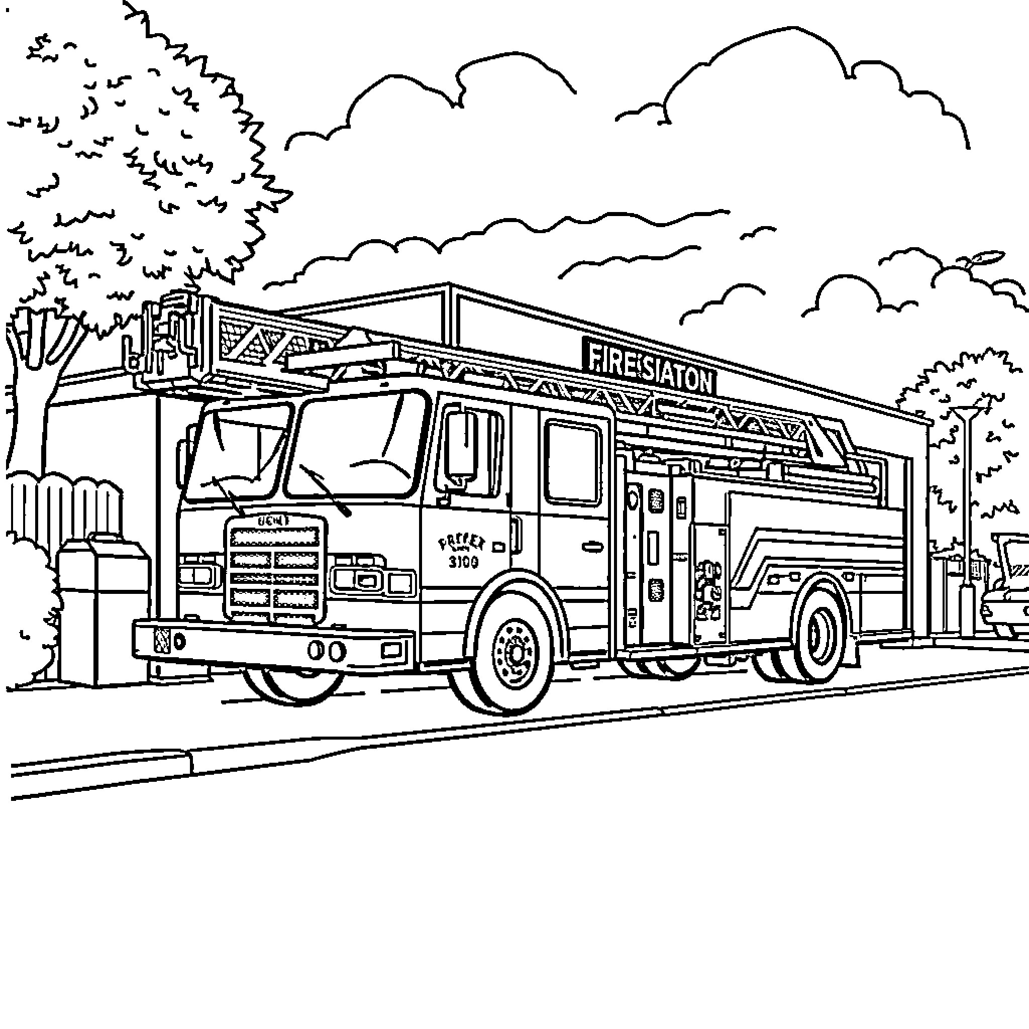 Ladder Engine Responding to Emergency Call Coloring Page (free black-and-white line drawing printable PDF for all, from beginners to advanced learners, including children, teens, adults, and seniors)