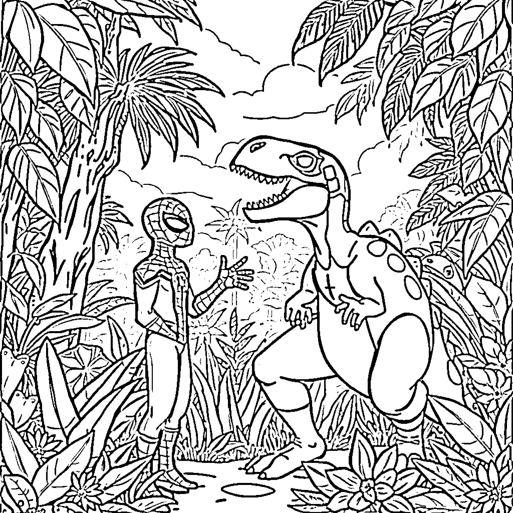 Spiderman encounters dinosaurs in the jungle Coloring Page (free black-and-white line drawing printable PDF for all, from beginners to advanced learners, including children, teens, adults, and seniors)