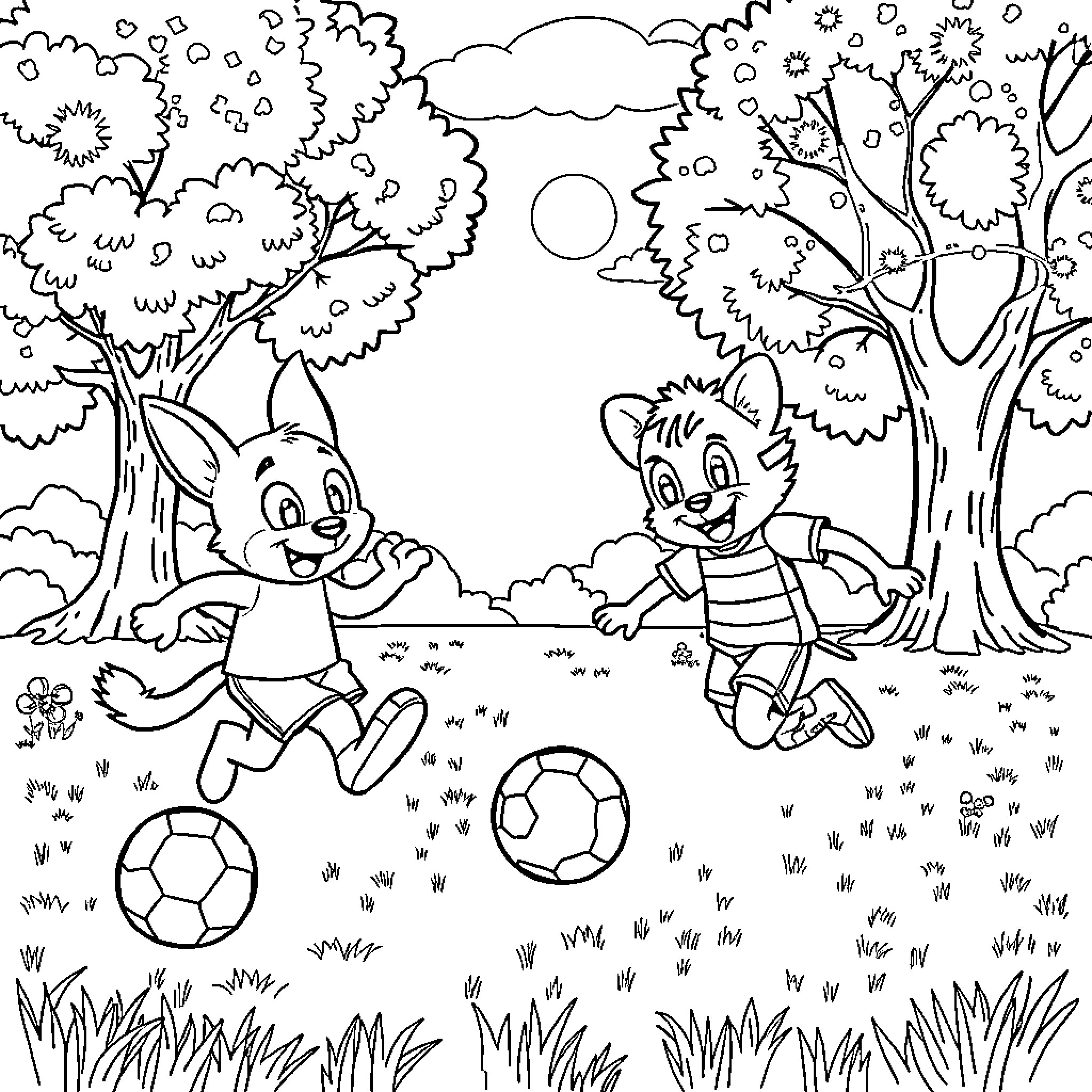 Bluey and friends playing soccer in the park Coloring Page (free black-and-white line drawing printable PDF for all, from beginners to advanced learners, including children, teens, adults, and seniors)