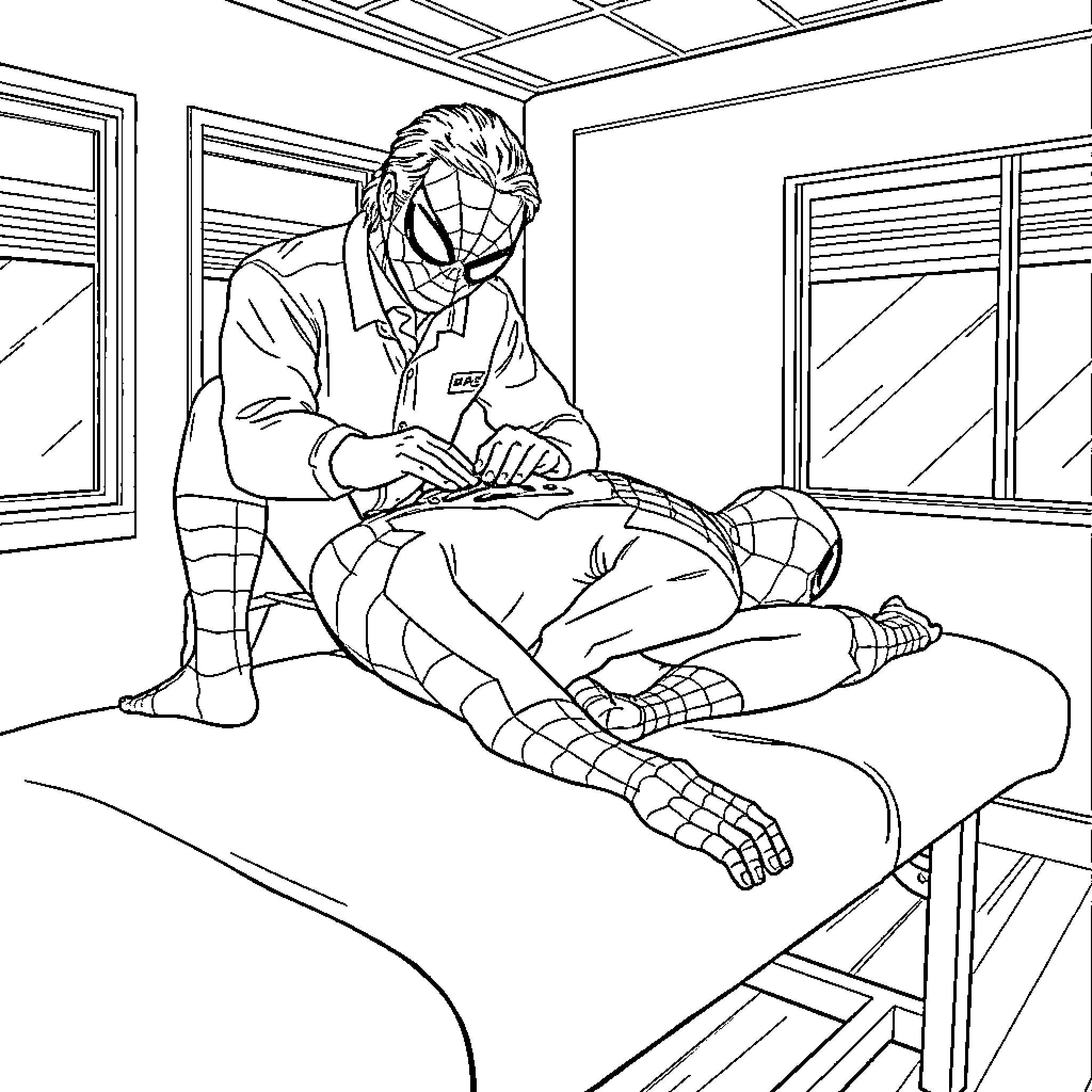 Spider-Man Helping an Injured Person Coloring Page (free black-and-white line drawing printable PDF for all, from beginners to advanced learners, including children, teens, adults, and seniors)