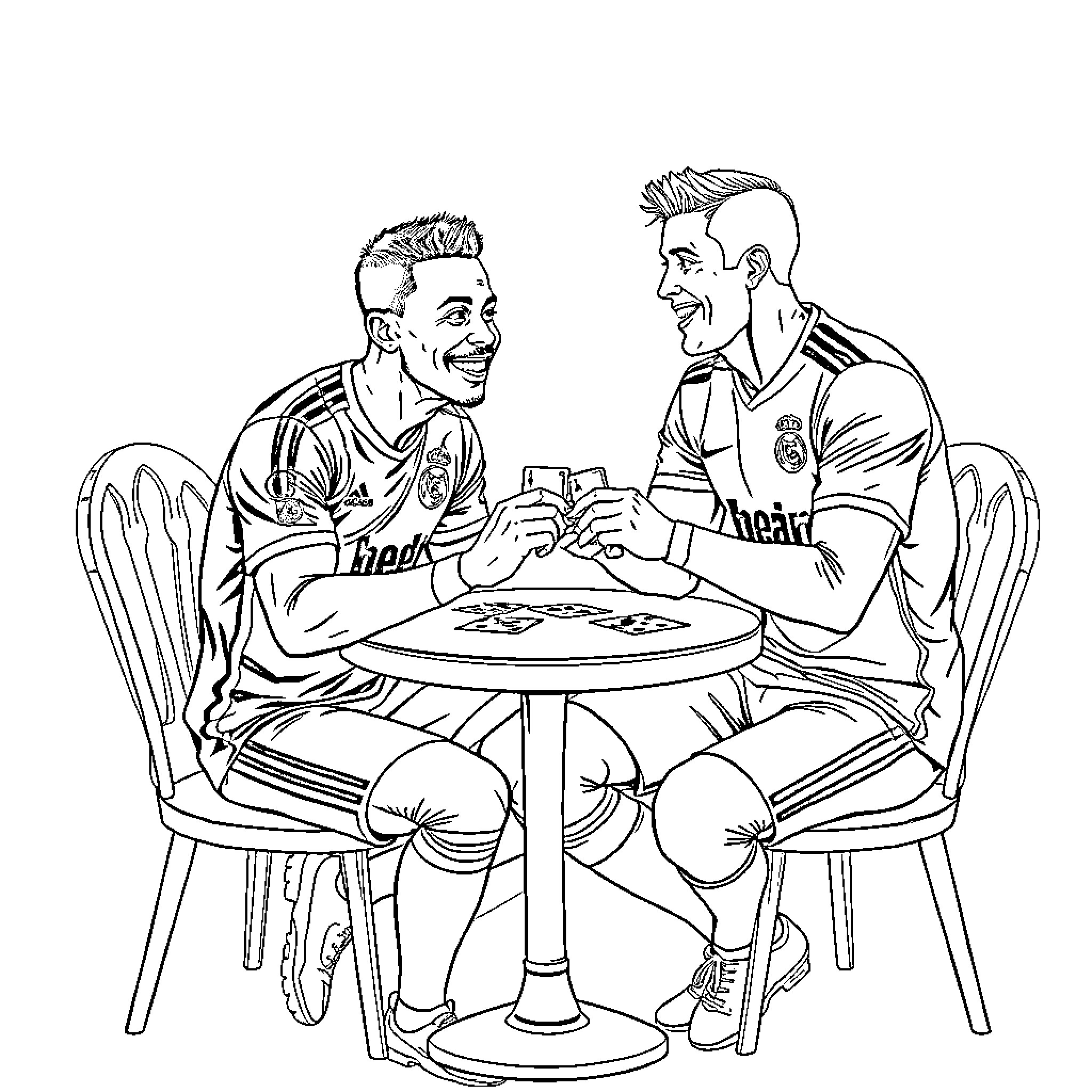 Mbappe Sharing Laughs with Teammate over Coffee Coloring Page (free black-and-white line drawing printable PDF for all, from beginners to advanced learners, including children, teens, adults, and seniors)