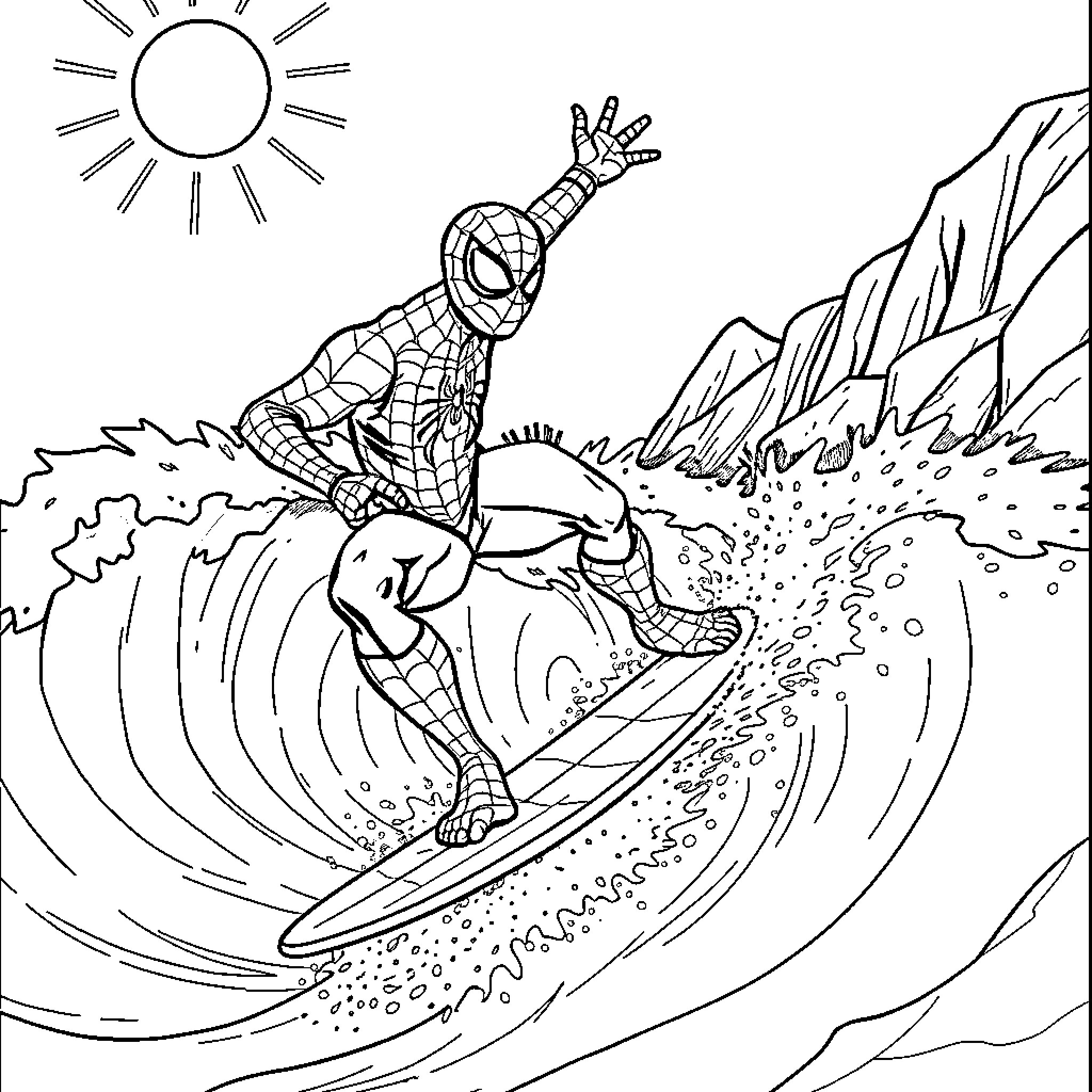 Spider-Man surfing the waves Coloring Page (free black-and-white line drawing printable PDF for all, from beginners to advanced learners, including children, teens, adults, and seniors)