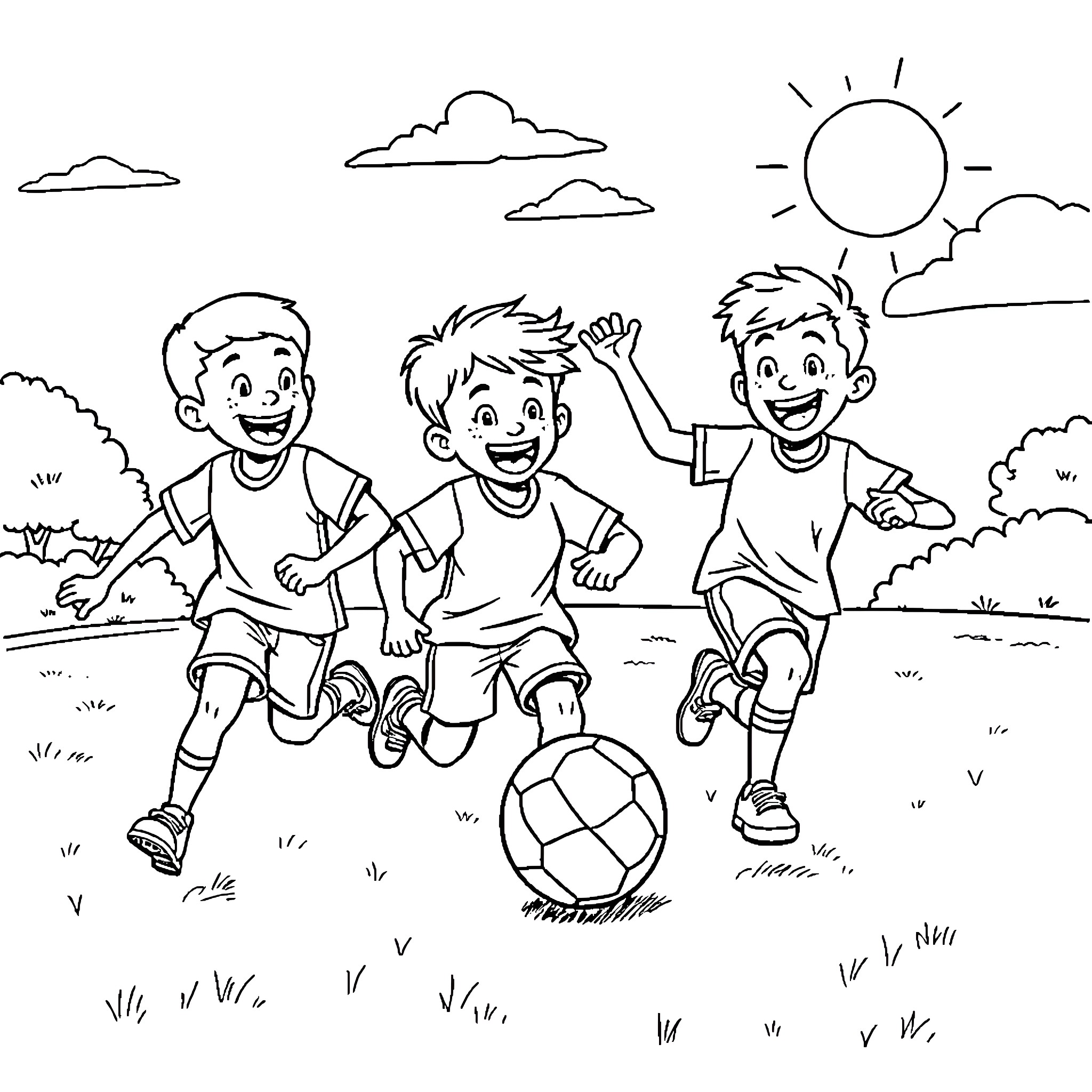 Boys playing happily with soccer ball outdoors Coloring Page (free black-and-white line drawing printable PDF for all, from beginners to advanced learners, including children, teens, adults, and seniors)