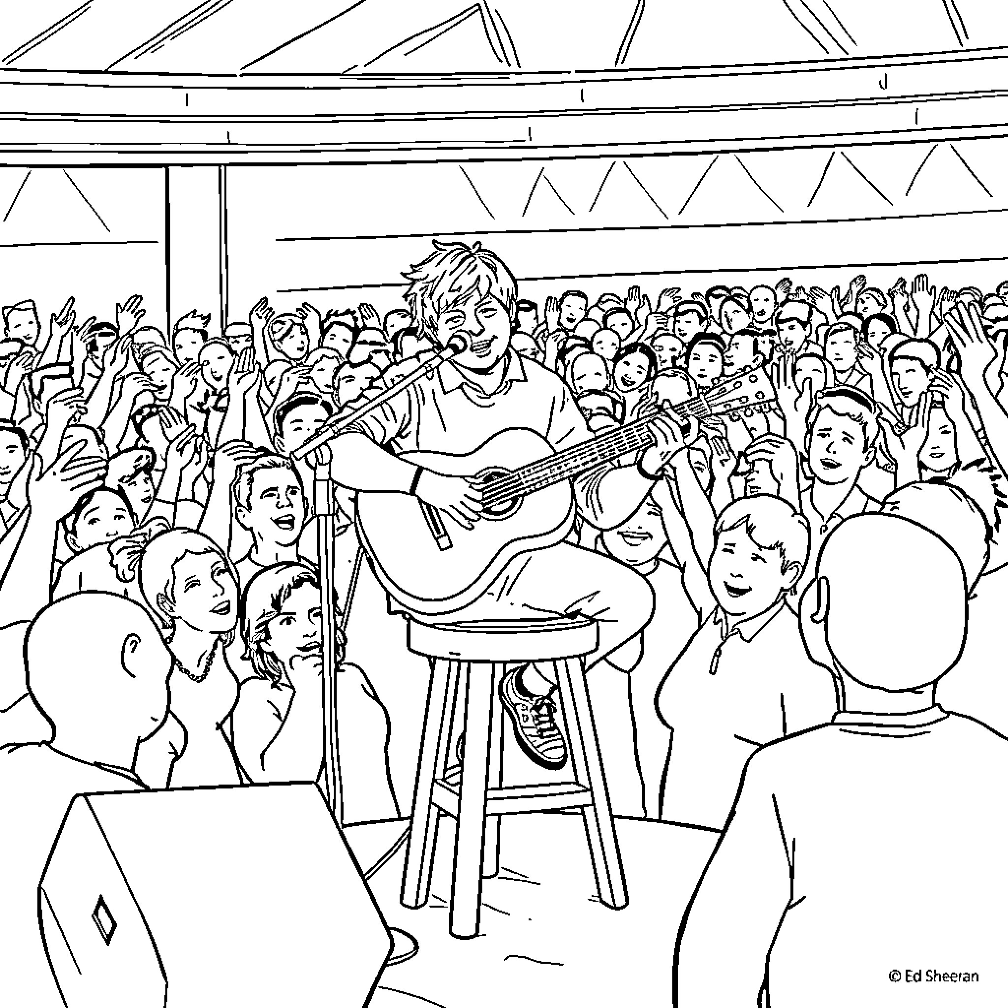 Ed Sheeran Performing for an Enthusiastic Crowd Coloring Page (free black-and-white line drawing printable PDF for all, from beginners to advanced learners, including children, teens, adults, and seniors)