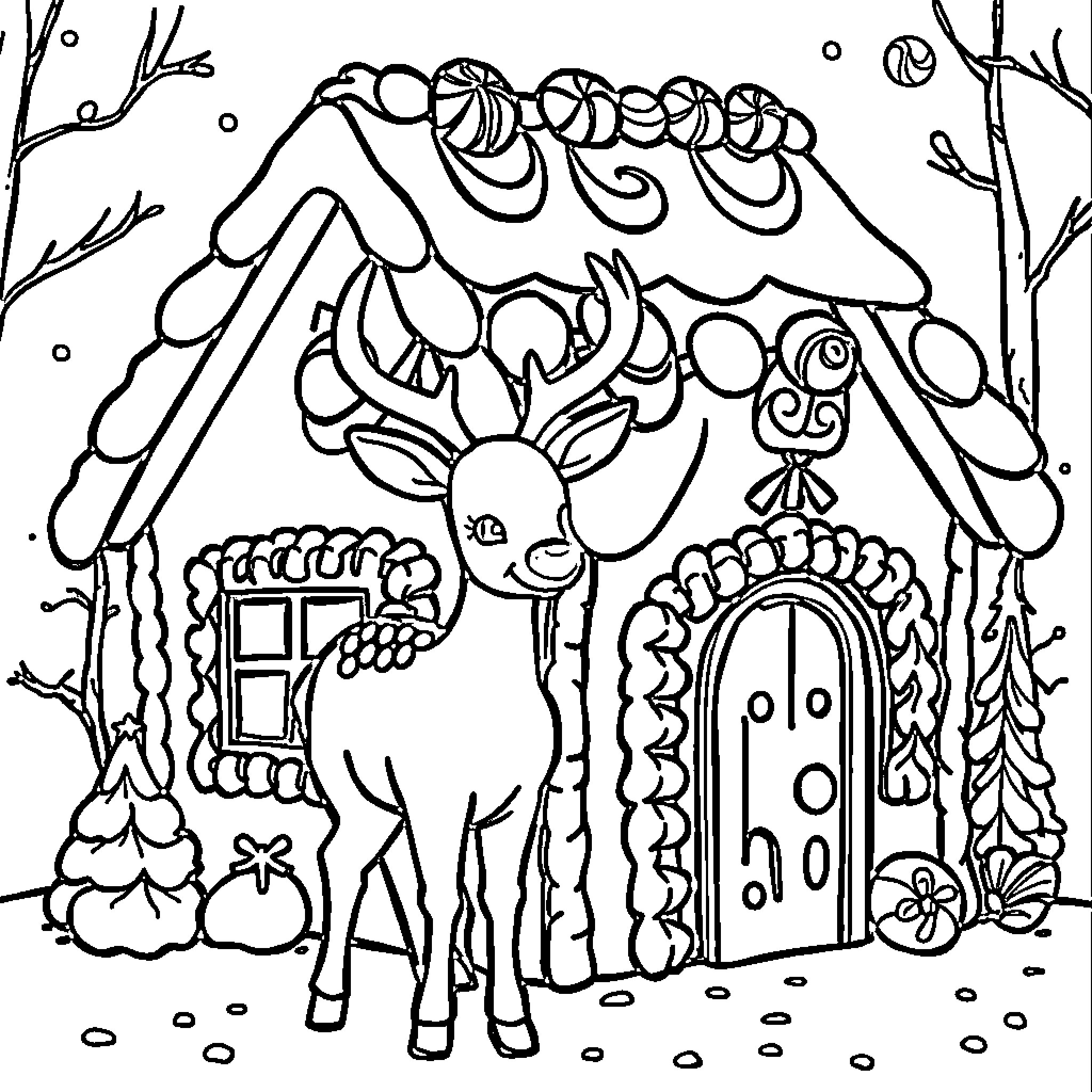 Deer in Whimsical Winter Wonderland Coloring Page (free black-and-white line drawing printable PDF for all, from beginners to advanced learners, including children, teens, adults, and seniors)